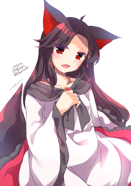 1girl animal_ears brown_hair commentary_request dated dress enjoy_mix fang imaizumi_kagerou long_hair looking_at_viewer one-hour_drawing_challenge open_mouth parted_bangs red_dress red_eyes signature simple_background solo tail touhou twitter_username two-tone_dress white_background white_dress wolf_ears wolf_girl wolf_tail