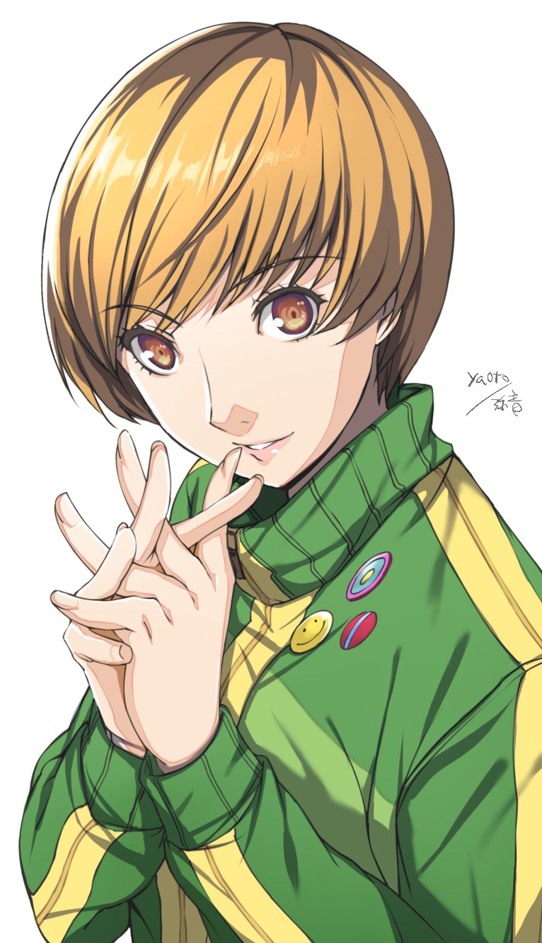 1girl badge brown_eyes brown_hair button_badge eyelashes green_jacket hands_up highres jacket long_sleeves looking_at_viewer own_hands_together parted_lips persona persona_4 satonaka_chie shadow short_hair signature simple_background smile solo swept_bangs track_jacket upper_body white_background yaoto