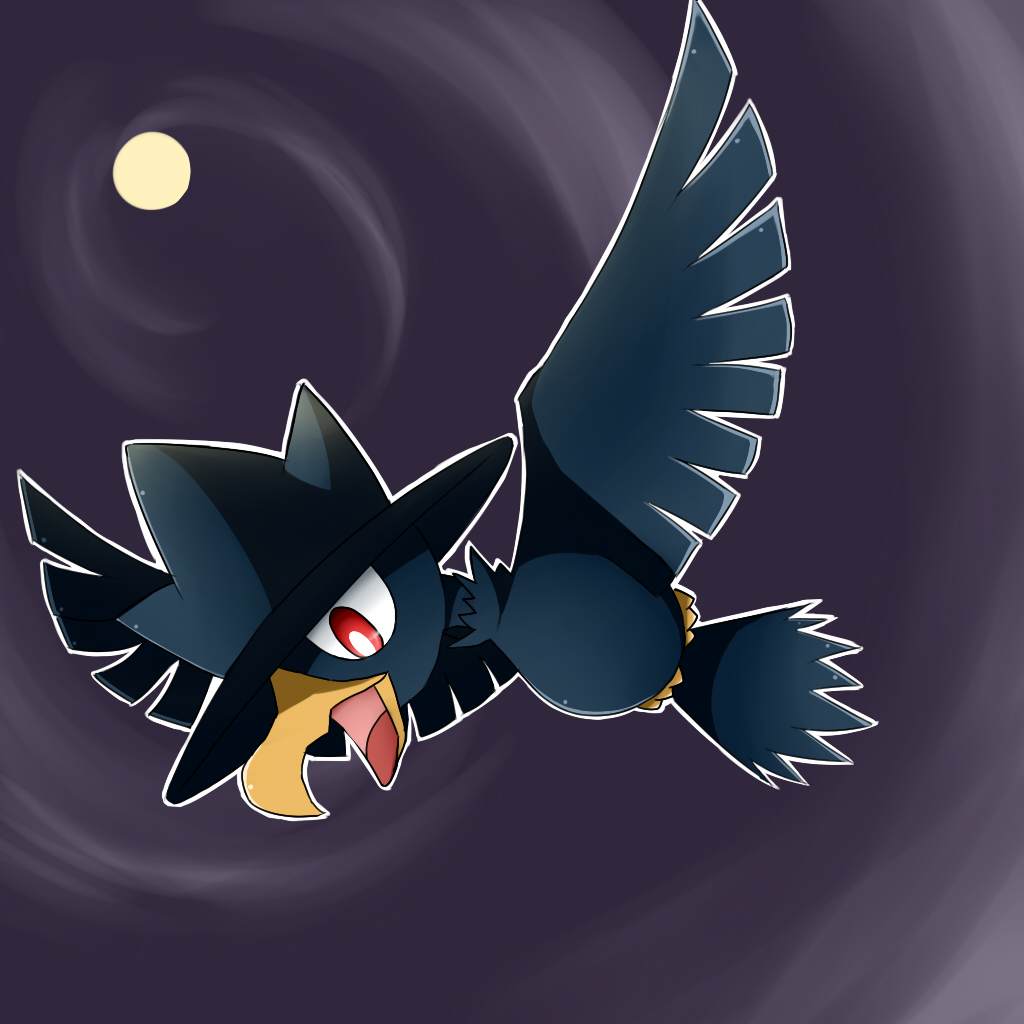 bird bright_pupils flying full_moon meow_4023 moon murkrow night no_humans open_mouth pokemon purple_sky red_eyes sky solo tail_feathers white_pupils wings