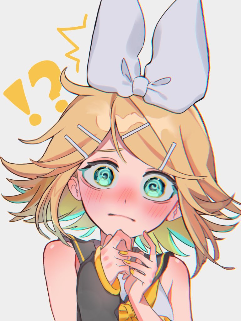 !? 1girl @_@ ^^^ bare_shoulders blonde_hair blush bow confused detached_sleeves embarrassed floating_hair green_eyes hair_bow hair_ornament hairclip kagamine_rin neckerchief nose_blush piroooo219 sailor_collar short_hair solo surprised vocaloid white_bow wide-eyed yellow_nails yellow_neckerchief