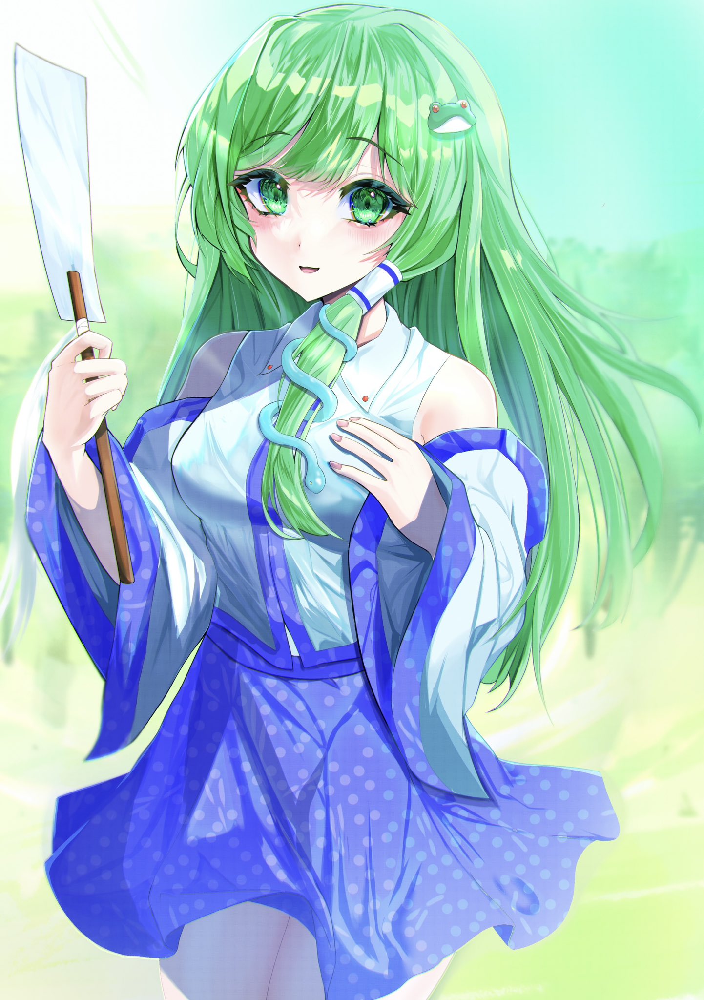 1girl :d bare_shoulders blue_skirt blunt_bangs blush breasts commentary_request cowboy_shot detached_sleeves frog_hair_ornament gohei green_eyes green_hair hair_ornament hair_tubes hands_up highres holding holding_stick kochiya_sanae legs_together looking_at_viewer medium_breasts nyarocks open_mouth polka_dot polka_dot_skirt simple_background skirt smile snake_hair_ornament solo stick swept_bangs touhou vest white_vest wing_collar