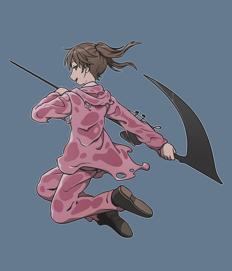1girl blue_background brown_eyes brown_footwear brown_hair commentary_request employee_(lobotomy_corporation) hakka_(ariel0104) holding holding_scythe jacket lobotomy_corporation long_sleeves open_mouth outline pants pink_jacket pink_pants project_moon scythe shoes simple_background slime_(substance) smile solo twintails white_outline