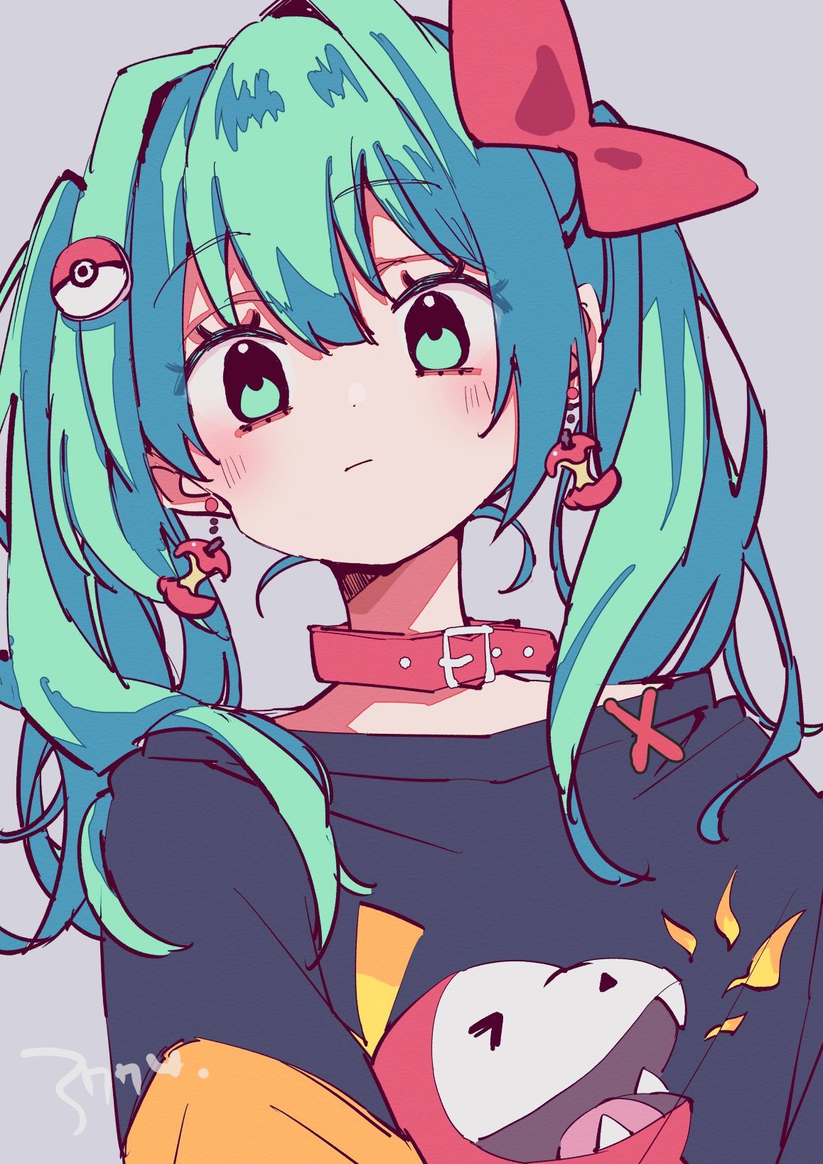 1girl apple_earrings artist_name belt_collar black_shirt bokarokaku bow collar commentary dangle_earrings earrings food-themed_earrings fuecoco green_eyes green_hair grey_background hair_bow hair_ornament hairclip hatsune_miku highres jewelry long_hair looking_at_viewer poke_ball_hair_ornament pokemon print_shirt red_bow red_collar shirt simple_background solo two_side_up upper_body vocaloid