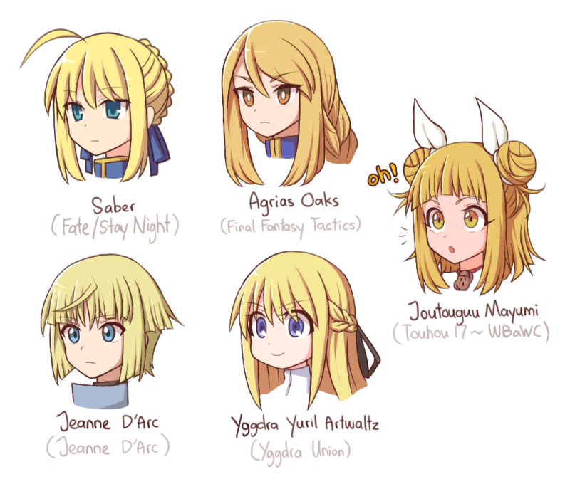 5girls agrias_oaks ahoge artoria_pendragon_(fate) blonde_hair blue_eyes braid character_name closed_mouth crossover double_bun english_text fate/stay_night fate_(series) hair_between_eyes hair_bun hair_ribbon jeanne_d'arc_(fate) joutouguu_mayumi long_hair multiple_girls open_mouth portrait ribbon saber short_hair simple_background smile touhou white_background white_ribbon wool_(miwol) yellow_eyes yggdra_yuril_artwaltz