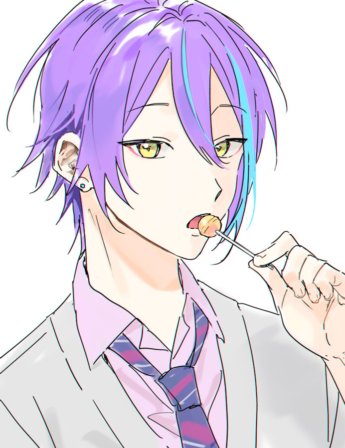 1boy aqua_hair candy collared_shirt commentary diagonal-striped_necktie double-parted_bangs earrings food hair_between_eyes hk_(wgyz7222) holding holding_candy holding_food holding_lollipop jewelry kamishiro_rui kamiyama_high_school_uniform_(project_sekai) lollipop looking_at_viewer male_focus multicolored_hair open_collar open_mouth project_sekai purple_hair school_uniform shirt simple_background solo streaked_hair two-tone_hair upper_body white_background yellow_eyes