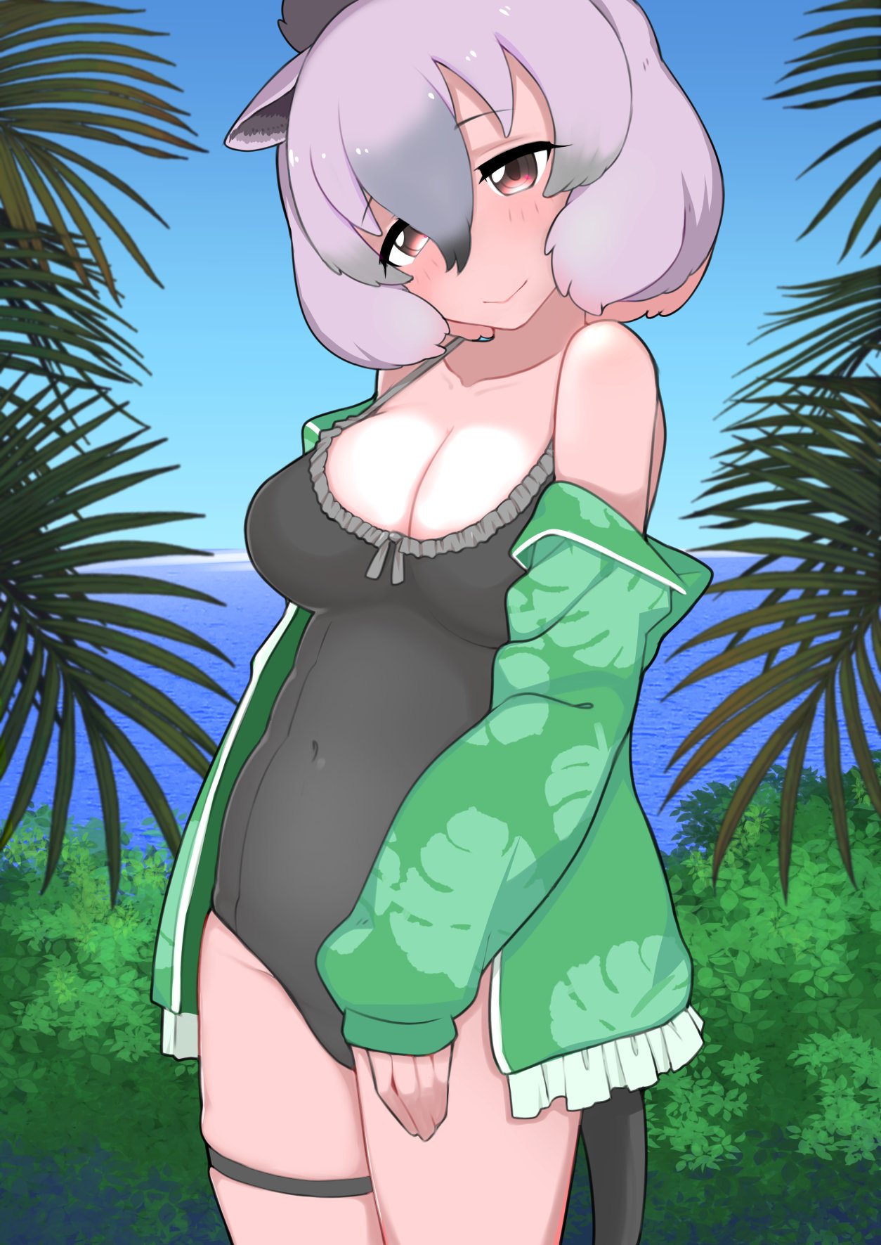 alternate_costume animal_ears bare_shoulders black_hair black_one-piece_swimsuit blush commentary cowboy_shot frilled_one-piece_swimsuit frills green_jacket grey_hair hair_between_eyes highres illu_(illu_stratos) jacket kemono_friends long_sleeves multicolored_eyes ocean one-piece_swimsuit open_clothes open_jacket orange_eyes rock_hyrax_(kemono_friends) short_hair sidelocks smile swimsuit symbol-only_commentary tail thigh_strap