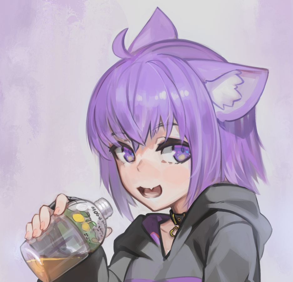 1girl :3 :d ahoge animal_ear_fluff animal_ears black_choker black_hoodie bottle cat_ears cat_girl choker commentary crossed_bangs english_commentary fang gradient_background hand_up holding holding_bottle hololive hood hood_down hoodie long_sleeves looking_at_viewer mogu_mogu_(drink) nekomata_okayu nekomata_okayu_(1st_costume) open_mouth paintrfiend plastic_bottle purple_background purple_hair short_hair skin_fang smile solo trait_connection upper_body violet_eyes virtual_youtuber