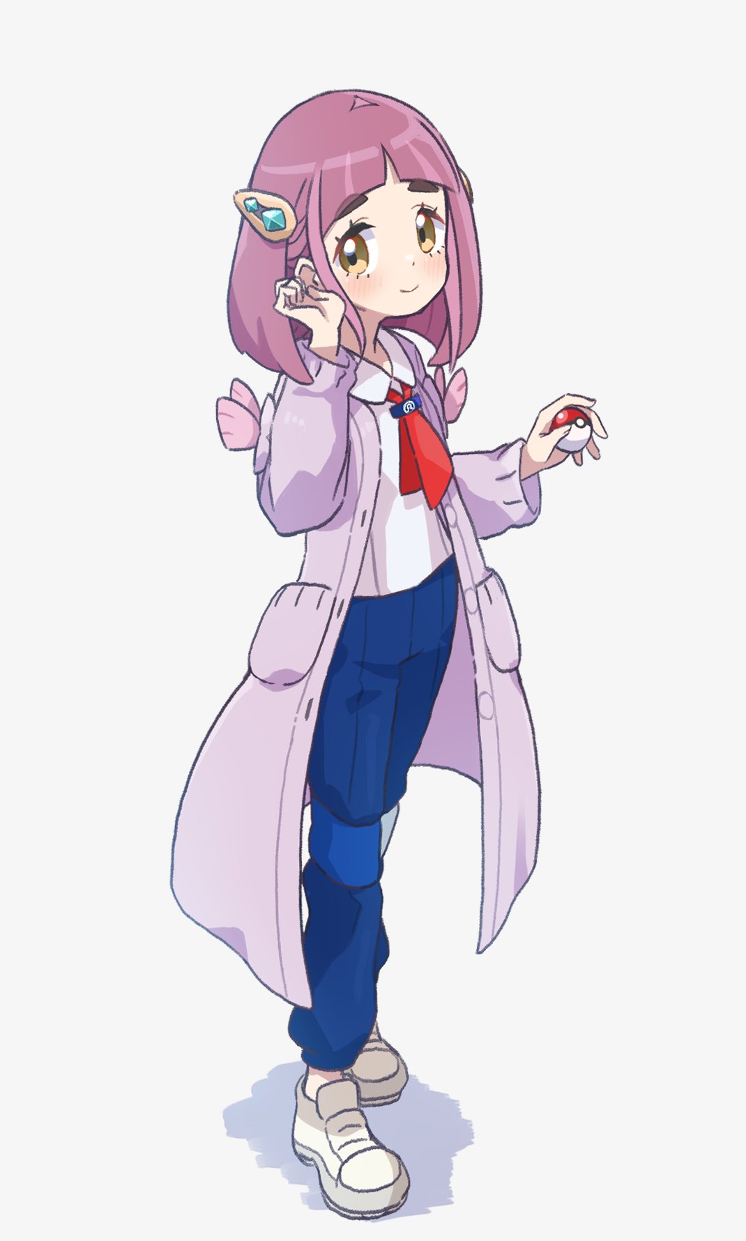 1girl blue_pants blunt_bangs blush closed_mouth coat collared_shirt commentary_request eyelashes full_body hair_ornament hairclip highres hiisu_(s-1104-d) holding holding_poke_ball lacey_(pokemon) long_hair necktie open_clothes open_coat pants poke_ball poke_ball_(basic) pokemon pokemon_(game) pokemon_sv purple_coat shirt shoes short_necktie smile solo standing white_background white_shirt yellow_eyes