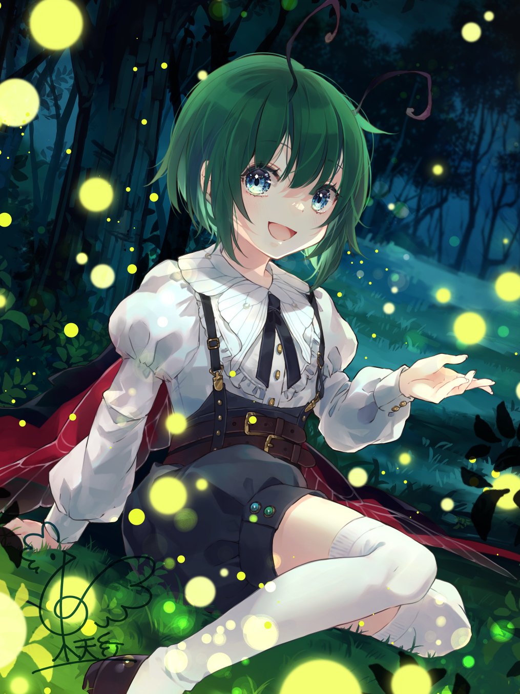 1girl :d adapted_costume antennae arm_support blue_eyes bug cape commentary_request embellished_costume firefly foot_out_of_frame forest grass green_hair hair_between_eyes highres juliet_sleeves long_sleeves looking_at_viewer nature night on_ground open_mouth over-kneehighs puffy_sleeves short_hair sitting smile solo thigh-highs touhou toutenkou tree white_thighhighs wriggle_nightbug yokozuwari