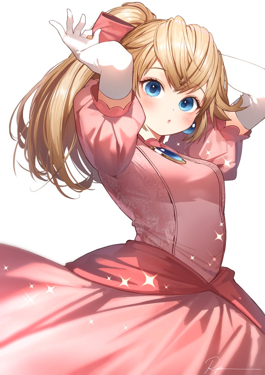 1girl adjusting_hair arms_behind_head arms_up blonde_hair blue_eyes blue_gemstone blush bow breasts dress elbow_gloves gem gloves hair_between_eyes hair_bow highres long_hair looking_at_viewer medium_breasts open_mouth pink_bow pink_dress ponytail princess_peach ryota_(ry_o_ta) simple_background solo super_mario_bros. white_background white_gloves