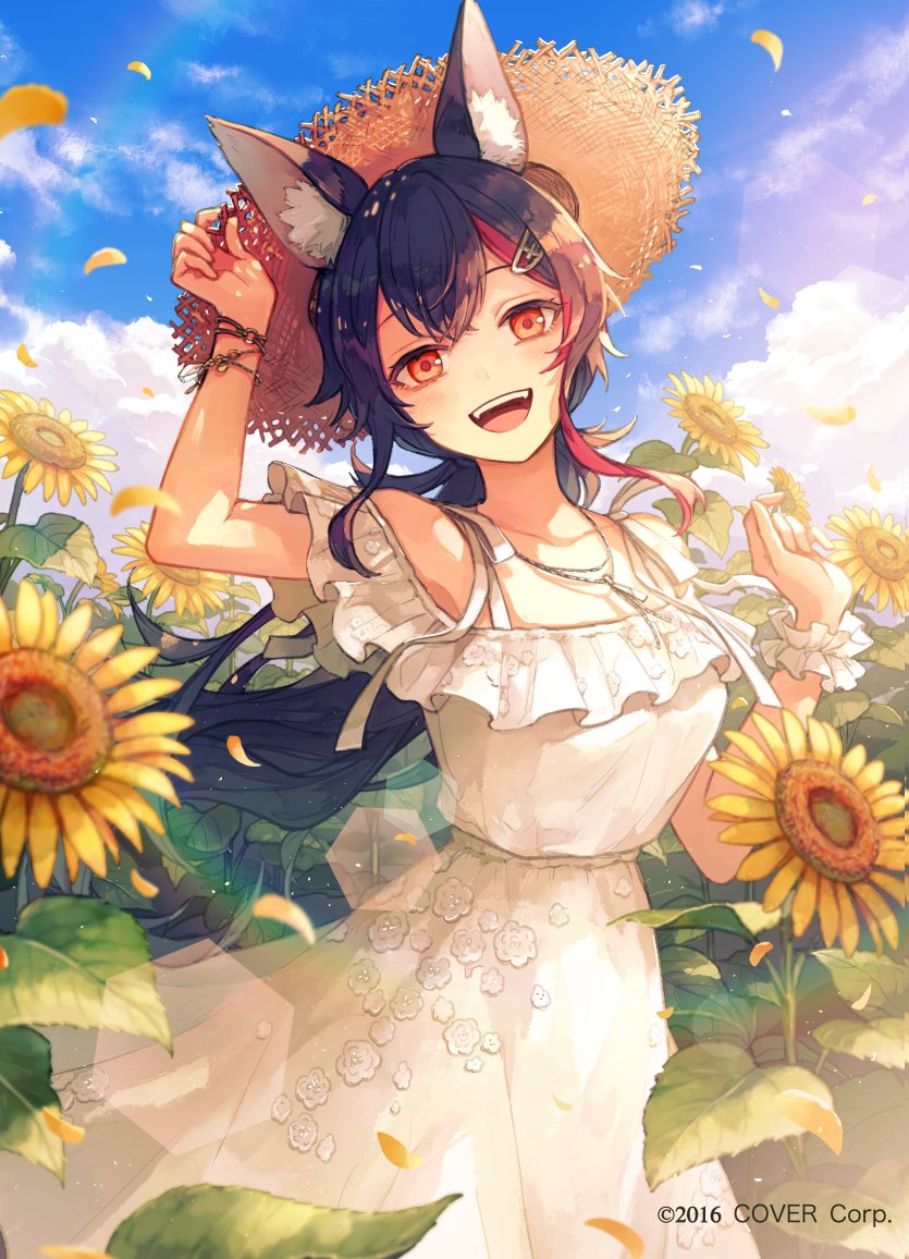 1girl :d akagi_shun animal_ears bare_shoulders black_hair bracelet clouds copyright cowboy_shot day double-parted_bangs dress falling_petals fangs flower frills hair_ornament hairclip hand_on_headwear hands_up hat head_tilt hololive jewelry lens_flare light_particles looking_at_viewer low_ponytail multicolored_hair necklace off-shoulder_dress off_shoulder official_art ookami_mio orange_eyes petals redhead short_sleeves single_wrist_cuff smile spaghetti_strap standing straw_hat streaked_hair sun_hat sundress sunflower teeth upper_teeth_only virtual_youtuber white_dress white_hair white_wrist_cuffs wolf_ears wolf_girl wrist_cuffs yellow_flower