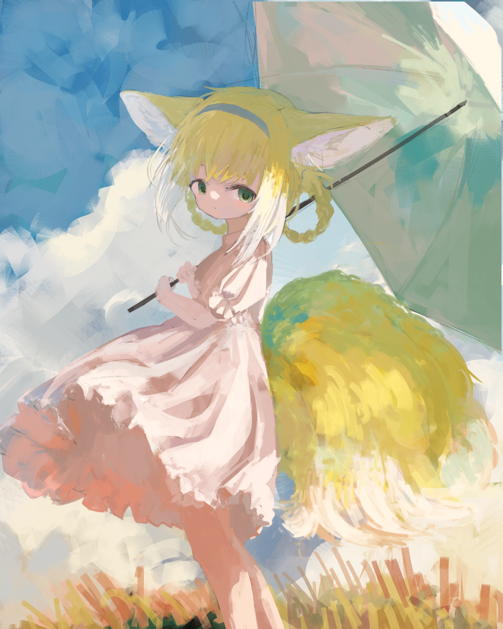 1girl alternate_costume animal_ear_fluff animal_ears arknights blonde_hair blue_hairband closed_mouth codemoretech commentary_request feet_out_of_frame fox_ears fox_girl fox_tail from_side green_eyes hairband highres holding holding_umbrella kitsune kyuubi looking_at_viewer multicolored_hair multiple_tails pink_hair puffy_short_sleeves puffy_sleeves short_hair short_sleeves solo suzuran_(arknights) tail two-tone_hair umbrella white_hair white_umbrella