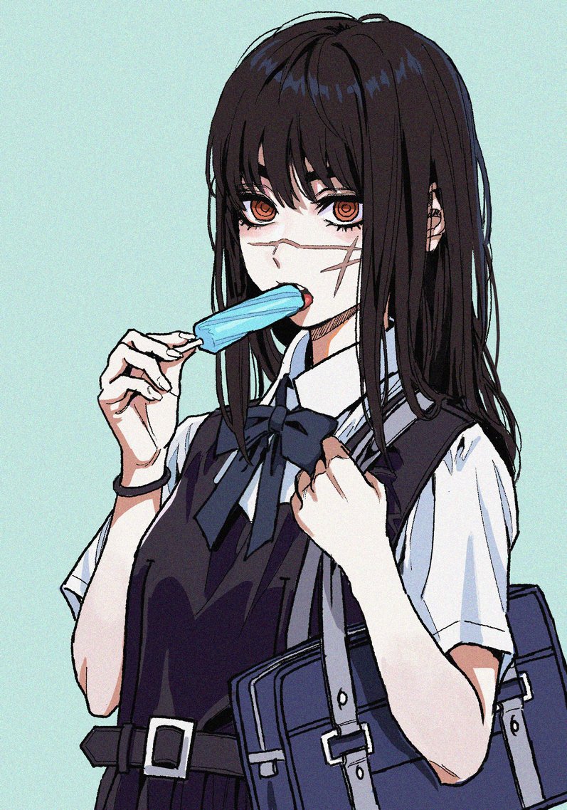 1girl aqua_background bag belt belt_buckle black_belt black_bow black_bowtie black_dress black_hair blue_bag bow bowtie brown_eyes buckle chainsaw_man commentary cross_scar dress eating english_commentary fingernails food food_in_mouth fourth_east_high_school_uniform holding holding_bag holding_food long_hair looking_at_viewer pinafore_dress popsicle popsicle_in_mouth ringed_eyes scar scar_on_face school_bag school_uniform shiren_(ourboy83) shirt short_sleeves simple_background sleeveless sleeveless_dress solo white_shirt yoru_(chainsaw_man)