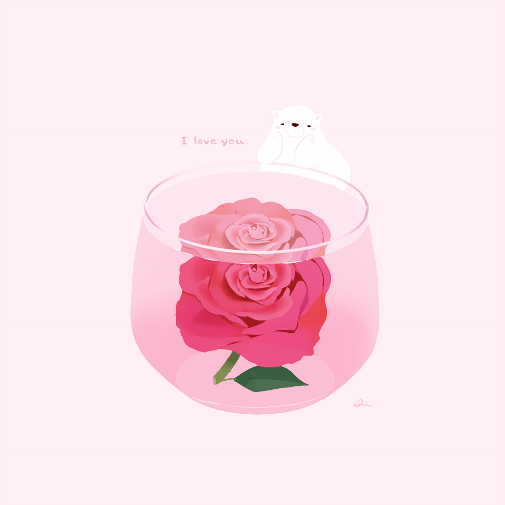 arm_support bear chai_(drawingchisanne) closed_eyes cup drink drinking_glass english_text facing_viewer flower food_focus full_body head_rest no_humans on_food original polar_bear red_flower red_rose rose shirokuma-san_(drawingchisanne) signature simple_background undersized_animal water white_background