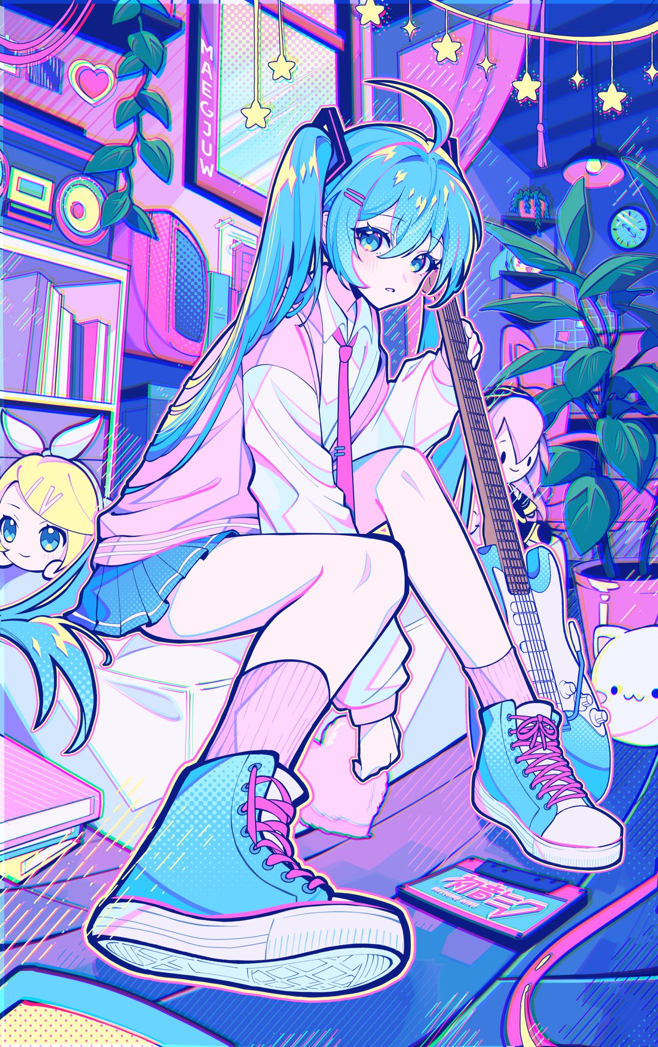 1girl ahoge artist_name blonde_hair blue_eyes blue_hair blush book boombox cable cassette_tape cat_pillow ceiling_light character_request chromatic_aberration clock collared_shirt doll electric_guitar full_body guitar hair_ornament hairclip hatsune_miku heart highres holding holding_instrument indoors instrument kagamine_rin long_hair long_sleeves looking_at_viewer maegjuw monitor necktie neon_palette open_mouth plant pleated_skirt potted_plant screentones shelf shirt shoes sitting skirt sneakers socks solo star_(symbol) sweater_vest twintails vaporwave very_long_hair vocaloid window wooden_floor