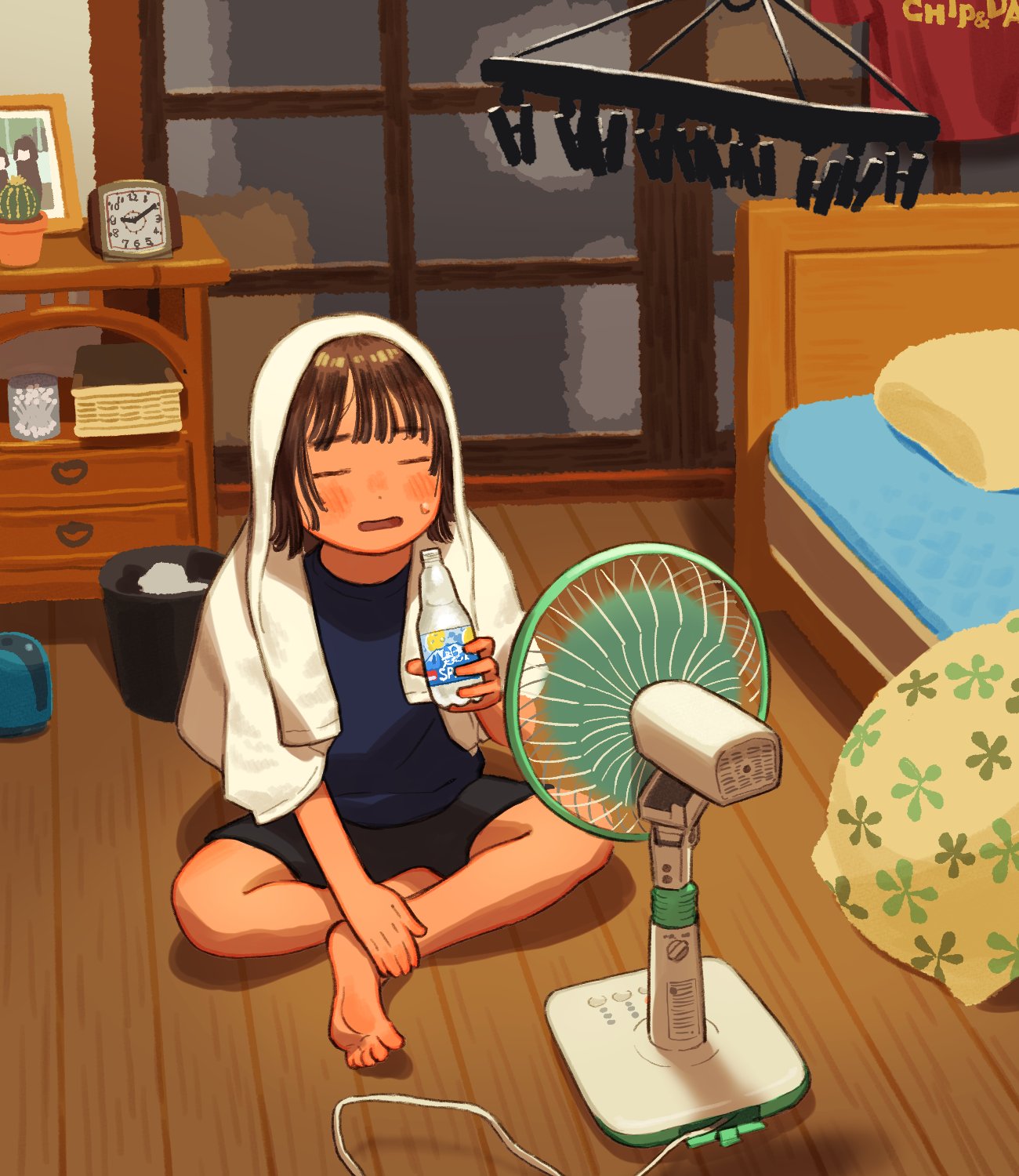 1girl barefoot bed black_shorts blue_shirt blunt_bangs blush bottle brown_hair cable cactus clock closed_eyes electric_fan highres holding holding_bottle indoors making-of_available on_floor open_mouth original picture_(object) plant potted_plant shirt short_hair short_sleeves shorts sitting solo straight_hair sumika_inagaki summer sweat towel towel_on_head trash_can wooden_floor