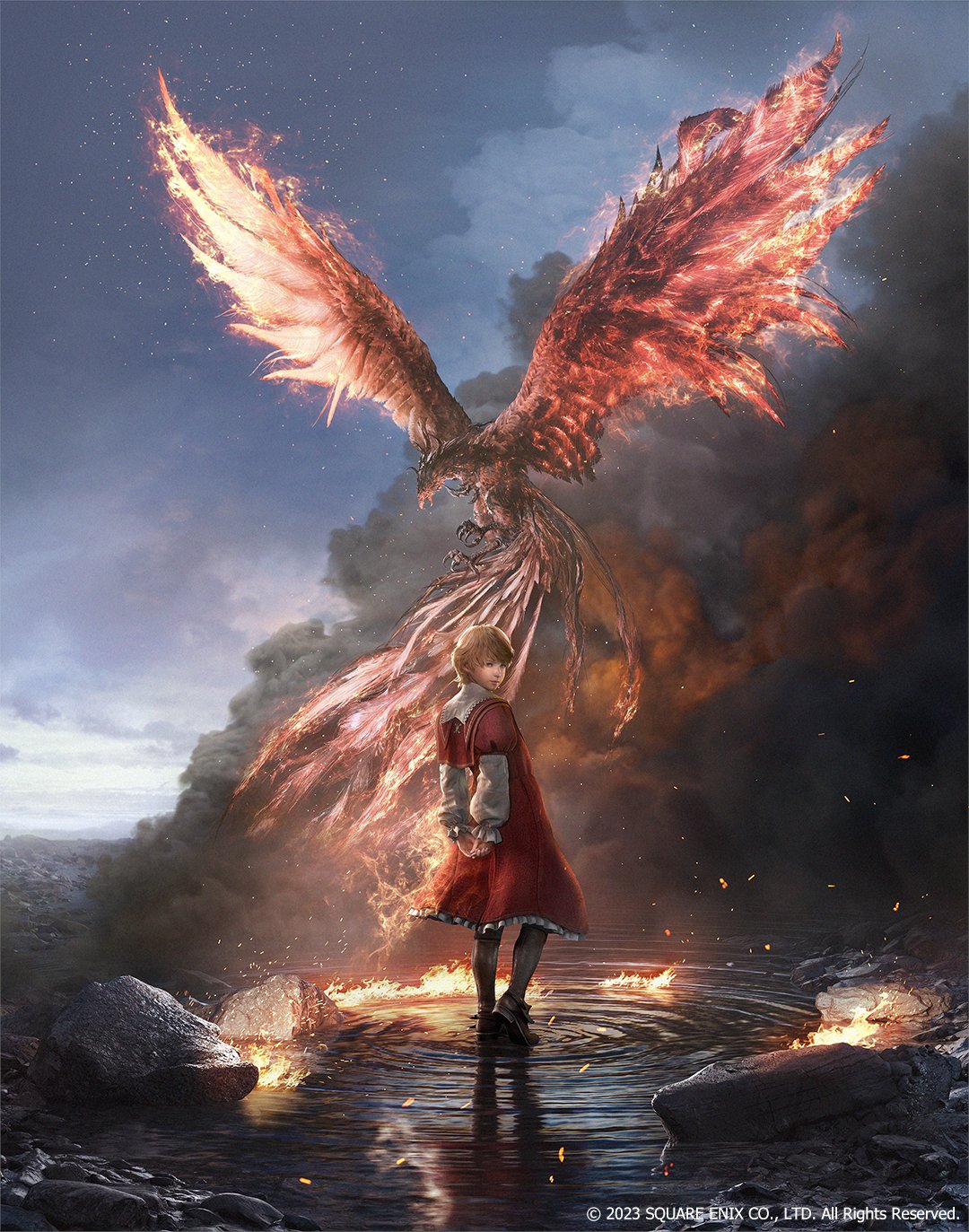 1boy arms_behind_back artist_request bird blonde_hair clouds final_fantasy final_fantasy_xvi fire from_behind highres joshua_rosfield official_art phoenix puddle puffy_sleeves red_robe robe rock short_hair sky water