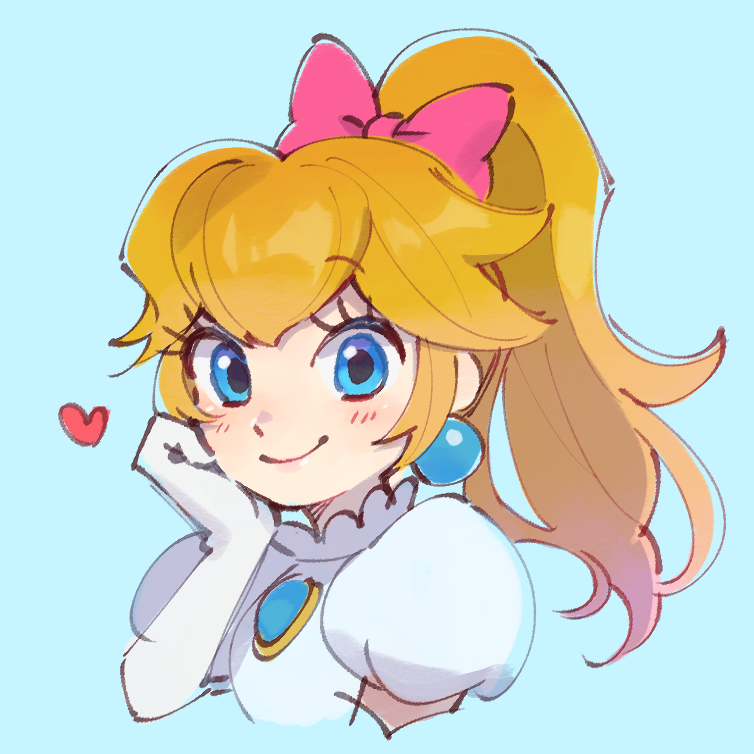 1girl blonde_hair blue_background blue_eyes blush bow earrings gloves hair_bow heart high_ponytail jewelry long_hair pink_bow princess_peach puffy_short_sleeves puffy_sleeves short_sleeves simple_background smile solo super_mario_bros. ukata untitled_princess_peach_game white_gloves
