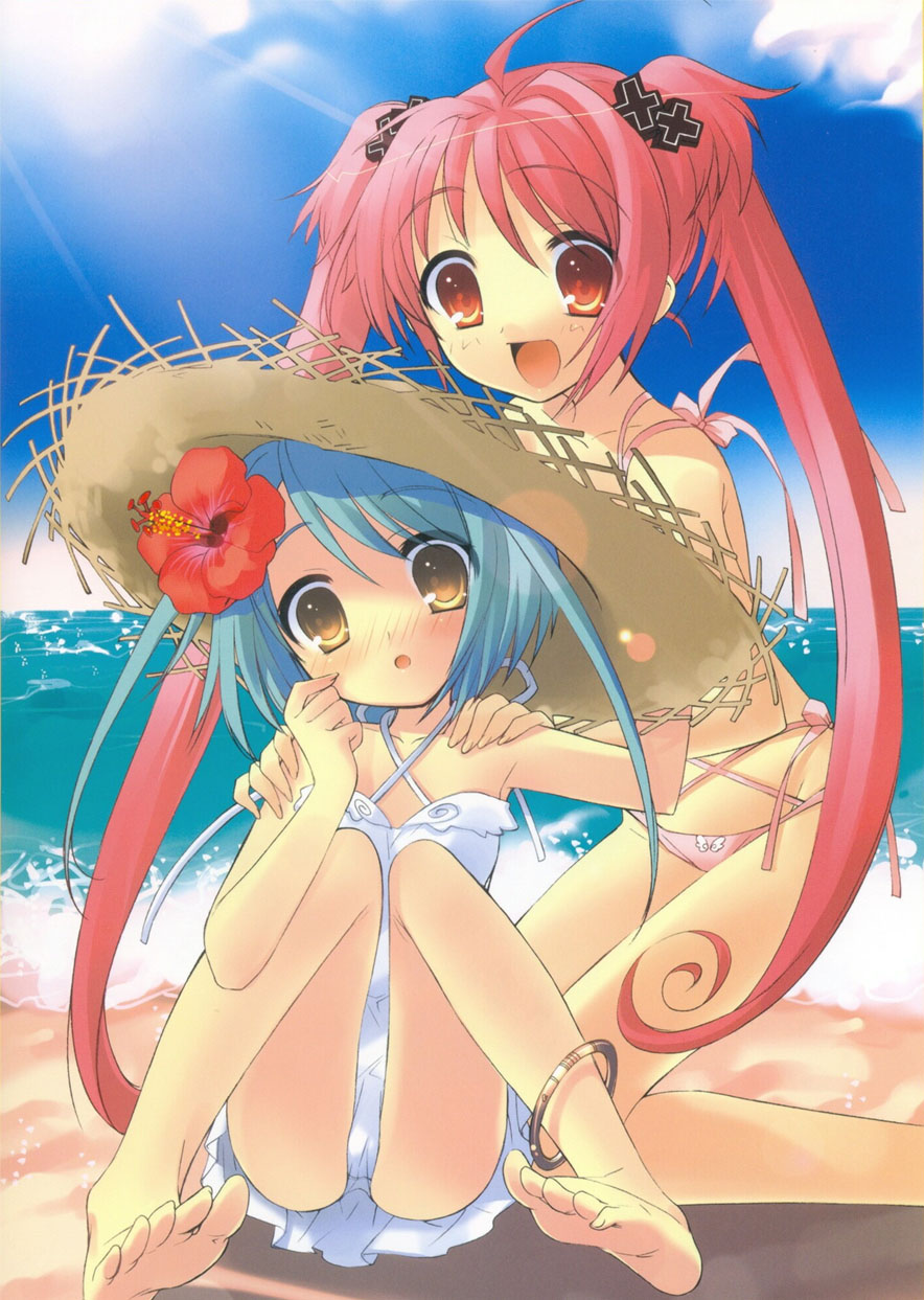 barefoot beach bikini feet highres ito_noizi itou_noiji momose_hikaru peace@pieces red_eyes red_hair swimsuit swimsuit toes twintails yellow_eyes