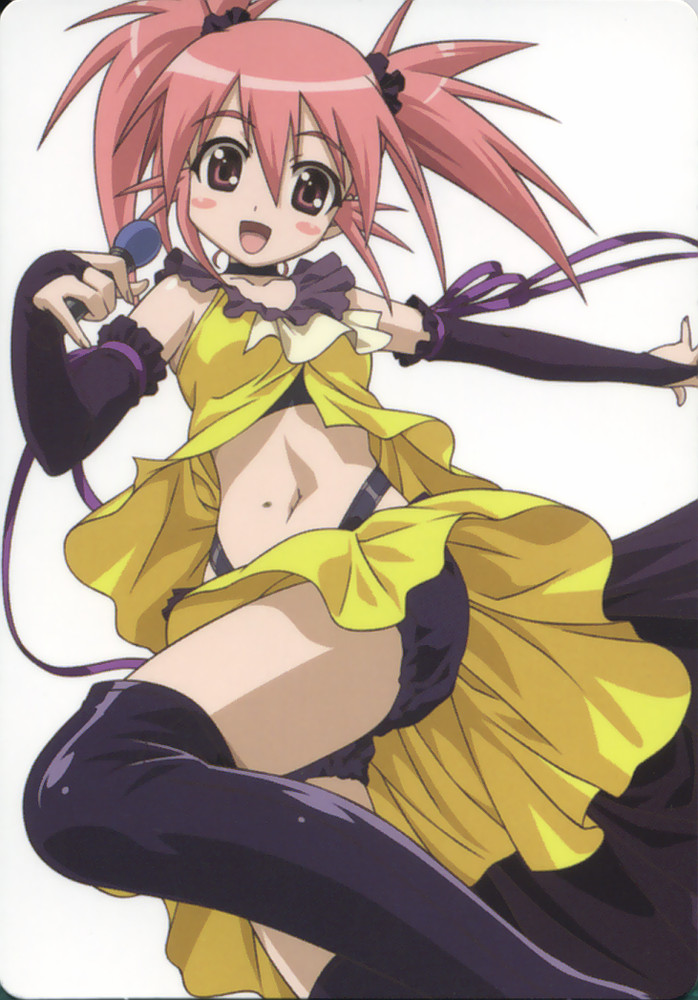 :d absurdres blush dress edomae_lunar fingerless_gloves microphone navel open_mouth pink_eyes pink_hair portrait pose ribbon scan seto_no_hanayome smile solo thigh_boots twintails upskirt young