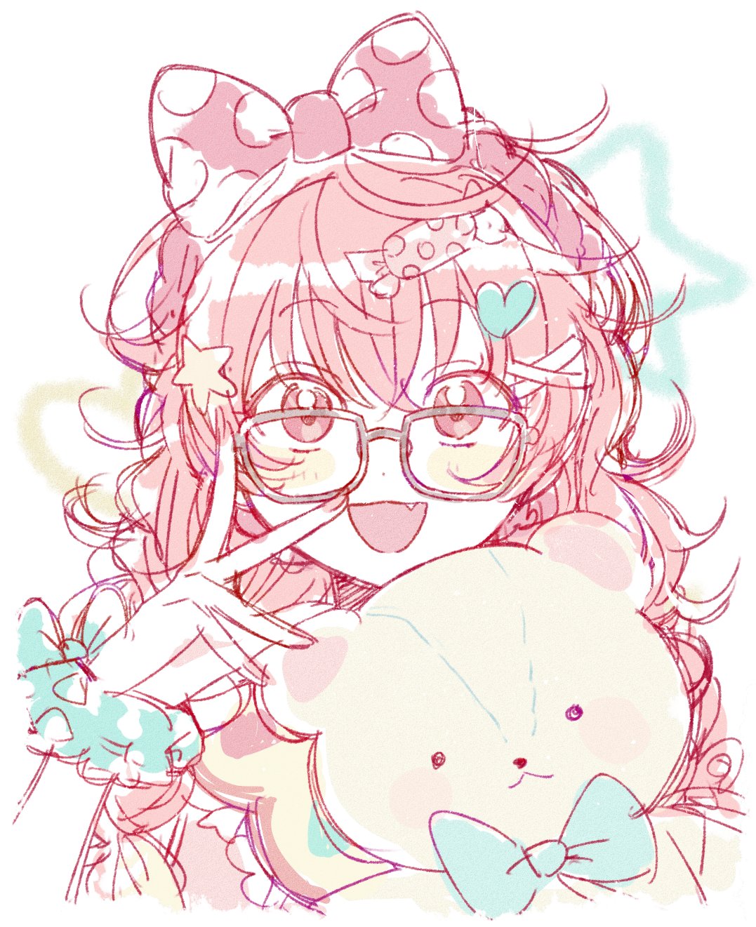 1girl :&lt; :d arm_scrunchie bespectacled blue_bow blue_scrunchie bow candy_hair_ornament character_request check_character check_copyright closed_mouth copyright_request curly_hair fang fingernails food-themed_hair_ornament frilled_shirt frills glasses grey-framed_eyewear hair_bow hair_ornament heart heart_hair_ornament highres long_fingernails long_hair looking_at_viewer messy_hair momoi_airi multicolored_shirt open_mouth p_mm1112 pastel_colors pink_bow pink_eyes pink_hair pink_nails pink_shirt polka_dot polka_dot_bow project_sekai scrunchie shirt simple_background sketch smile solo star_(symbol) star_hair_ornament stuffed_animal stuffed_toy teddy_bear two-tone_bow two-tone_scrunchie w white_background white_bow white_scrunchie white_shirt wispy_bangs x_hair_ornament