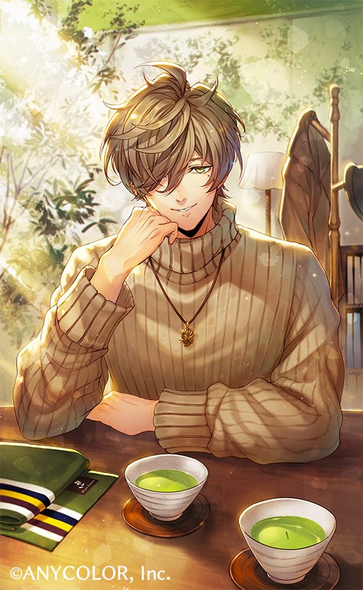 1boy bookshelf brown_hair brown_sweater coaster coat coat_rack coat_removed copyright cup green_eyes green_tea hair_over_one_eye hat hat_removed head_rest headwear_removed hotaruika_niji indoors jewelry lamp lens_flare long_sleeves looking_at_viewer male_focus mole mole_under_eye nijisanji official_art oliver_evans parted_lips pendant plant ribbed_sweater scarf scarf_removed short_hair smile solo sweater table tea turtleneck turtleneck_sweater upper_body virtual_youtuber wooden_table