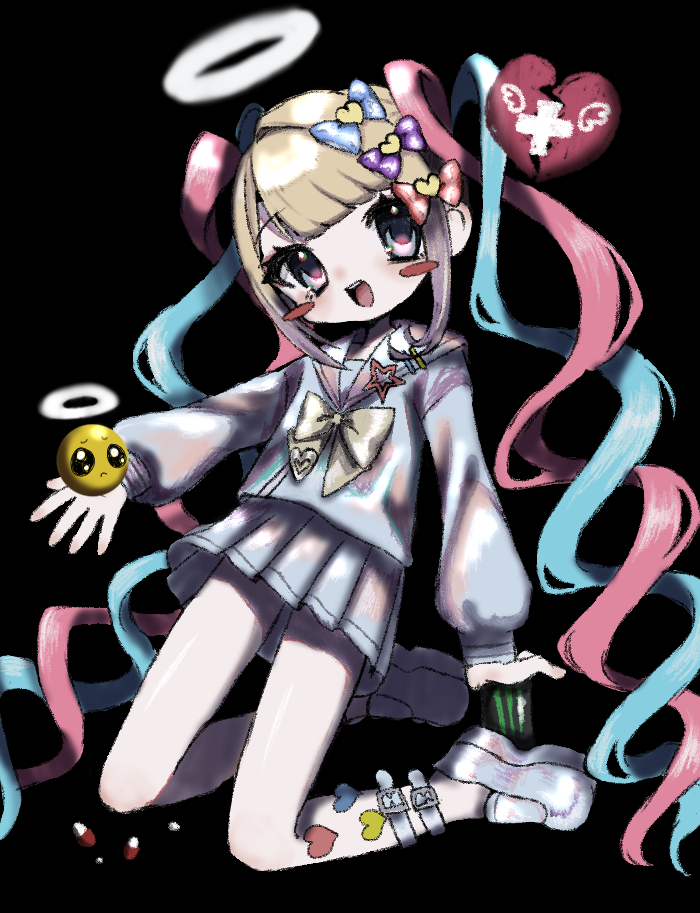 1girl :d black_background blonde_hair blue_bow blue_eyes blue_footwear blue_hair blue_shirt blue_skirt blunt_bangs blush bow broken_heart can chouzetsusaikawa_tenshi-chan emoji energy_drink full_body hair_bow hair_ornament halo heart heart_hair_ornament hell_piyo long_hair long_sleeves looking_at_viewer monster_energy multicolored_hair needy_girl_overdose open_mouth pill pink_bow pink_hair platform_footwear pleading_face_emoji pleated_skirt purple_bow quad_tails sailor_collar school_uniform serafuku shirt sitting skirt smile solo twintails very_long_hair yellow_bow