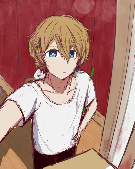 1boy black_pants blonde_hair blood blue_eyes box closed_mouth collarbone flower hair_between_eyes hand_on_own_hip hoshino_aquamarine indoors looking_at_viewer male_focus mismatched_pupils non-web_source opening_door oshi_no_ko pants self-upload selfie shirt short_hair short_sleeves solo standing star-shaped_pupils star_(symbol) sweatdrop symbol-shaped_pupils white_flower white_shirt zyrobot