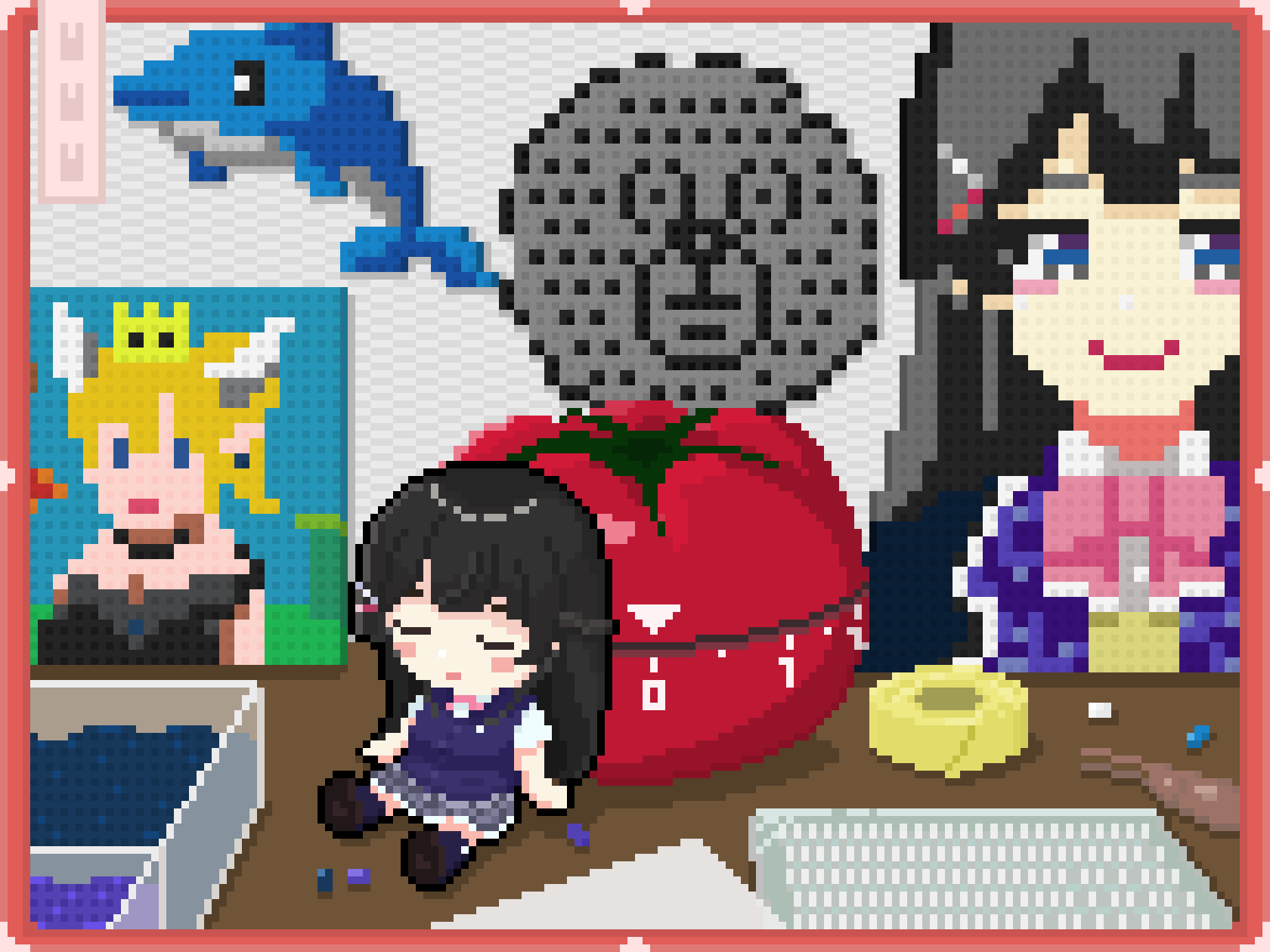 1girl alice_mikan arts_and_crafts black_dress black_hair black_jacket blazer blue_eyes blue_sweater_vest blush_stickers border bow bowsette bowtie chibi closed_eyes closed_mouth commentary_request container copyright_request crown dolphin dress fuse_beads grey_skirt hair_ornament hairclip highres horns jacket kairu_the_dolphin long_hair microsoft_office mini_person minigirl new_super_mario_bros._u_deluxe nijisanji on_table pink_bow pink_bowtie pixel_art ponytail red_border school_uniform shirt sitting skirt sleeping sleeping_upright smile solo super_mario_bros. sweater_vest table tanasinn tape tomato tsukino_mito tweezers virtual_youtuber white_shirt