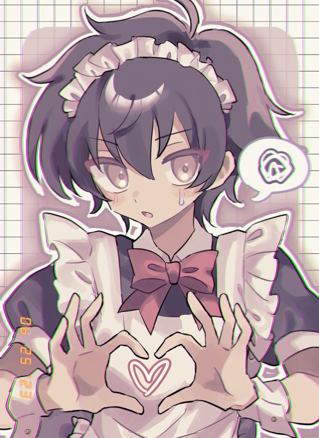 1boy alternate_costume apron back_bow black_hair bow bowtie brown_eyes chromatic_aberration collared_dress commentary crossdressing dated dress enmaided frilled_apron frills grid_background gundam gundam_00 hair_between_eyes heart heart_hands highres kononokono looking_at_viewer maid maid_apron maid_headdress male_focus open_mouth outline puffy_short_sleeves puffy_sleeves red_bow red_bowtie setsuna_f._seiei short_hair short_sleeves solo speech_bubble spoken_squiggle squiggle sweat upper_body white_apron white_outline wrist_cuffs