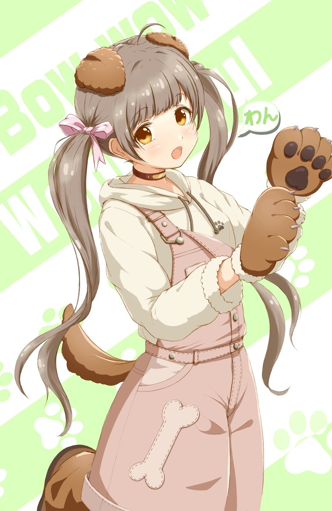 1girl animal_ears animal_hands blush brown_hair brown_overalls collarbone cowboy_shot dog_ears dog_paws dog_tail dot_nose drapitz gloves hair_ribbon hakozaki_serika highres hood hoodie idolmaster idolmaster_million_live! idolmaster_million_live!_theater_days long_hair looking_at_viewer ooarai_school_uniform open_mouth overalls paw_gloves paw_pose pink_ribbon ribbon school_uniform simple_background speech_bubble tail twintails yellow_eyes