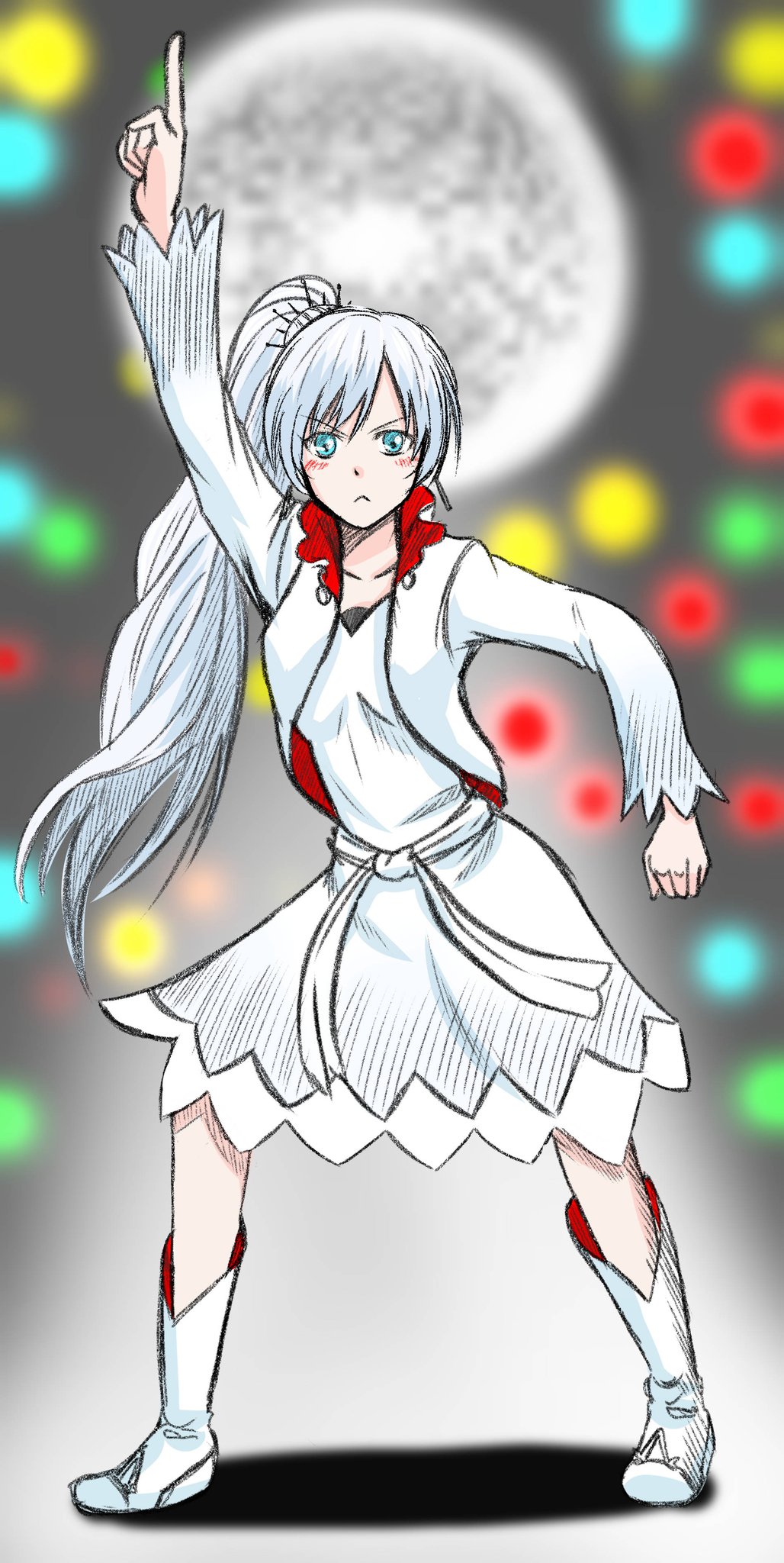 1girl blue_eyes blush boots breasts coat commentary dancing disco_ball dress highres index_finger_raised long_hair looking_at_viewer multicolored_background polka_dot ponytail rwby small_breasts tiara weiss_schnee white_coat white_dress white_footwear white_hair