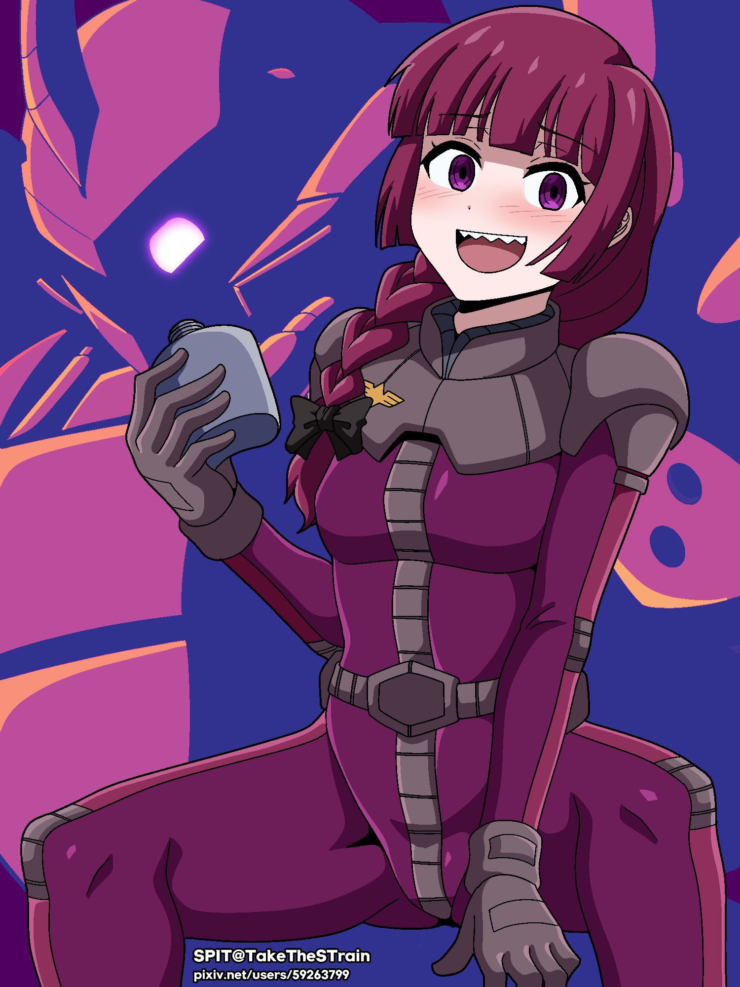 1girl @_@ artist_name blunt_bangs blush bocchi_the_rock! bodysuit bow braid cosplay gloves gundam hair_bow hair_over_shoulder highres hiroi_kikuri holding horns looking_at_viewer open_mouth pilot_suit purple_bodysuit purple_hair robot sharp_teeth side_braid solo spit_(takethestrain) teeth upper_teeth_only violet_eyes