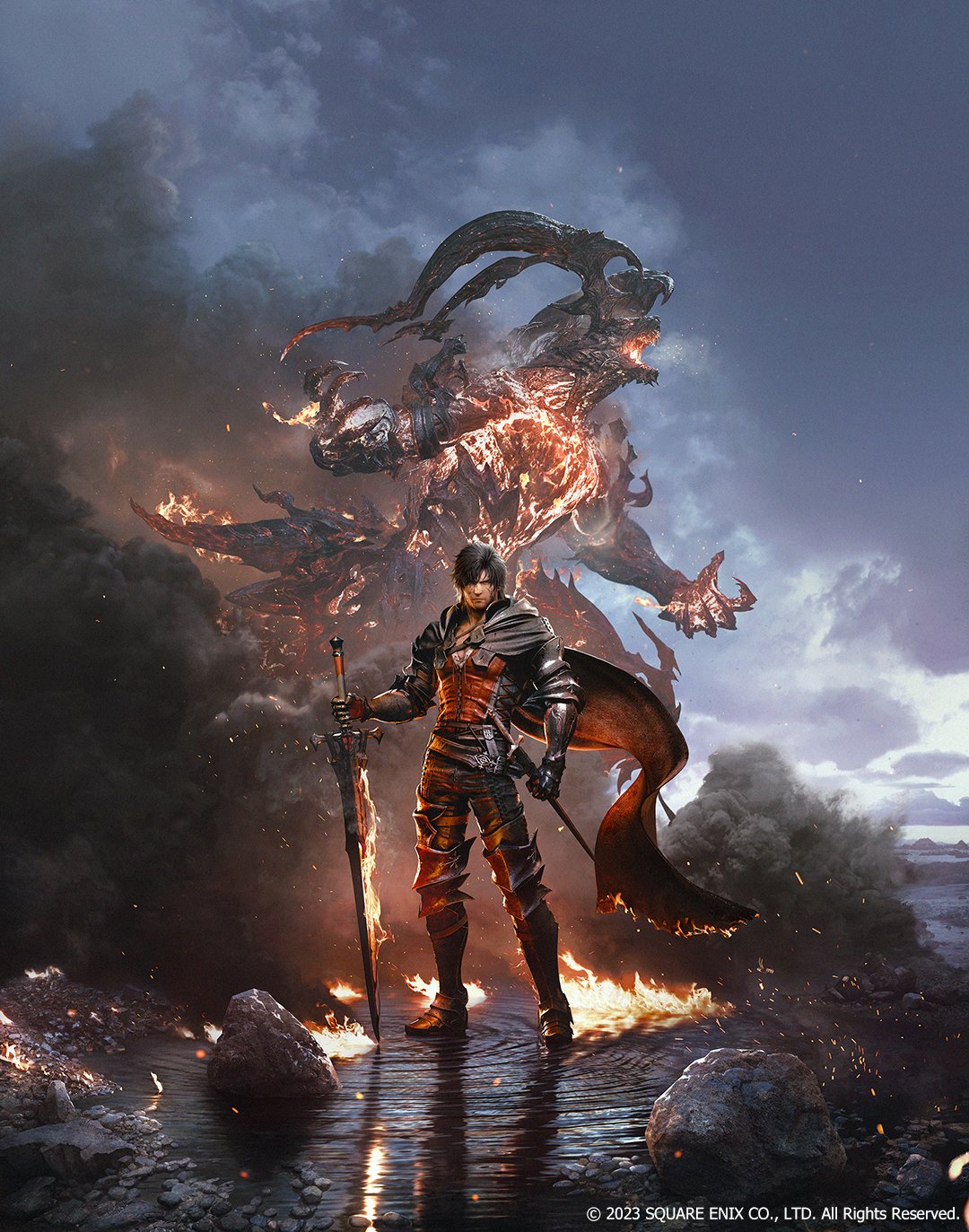 1boy black_cape black_hair black_pants cape clive_rosfield closed_mouth commentary embers english_commentary facial_hair facial_tattoo final_fantasy final_fantasy_xvi fire floating_cape full_body gauntlets high_collar highres holding holding_sword holding_weapon horns ifrit_(final_fantasy) jacket leg_armor looking_at_viewer male_focus official_art outdoors pants planted planted_sword red_vest rock shirt short_hair size_difference smoke square_enix standing sword tattoo v-neck vest water weapon white_shirt