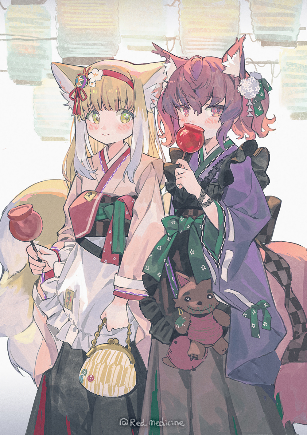 2girls alternate_costume animal_ear_fluff animal_ears apron arknights artist_name bag black_apron black_hakama blonde_hair blush bow candy_apple chinese_commentary coin_purse commentary_request flower food fox_ears fox_girl fox_tail frilled_apron frills green_bow green_eyes hair_flower hair_ornament hairband hakama hakama_skirt highres holding holding_bag holding_food japanese_clothes kimono kitsune long_sleeves looking_at_another looking_at_viewer medium_hair morte_(arknights) multicolored_hair multiple_girls multiple_tails obi official_alternate_costume pink_kimono purple_hair purple_kimono red_hairband red_medicine sash shamare_(arknights) skirt smile stuffed_wolf suzuran_(arknights) suzuran_(yukibare)_(arknights) tail tassel twintails two-tone_hair waist_apron white_apron white_hair wide_sleeves yagasuri