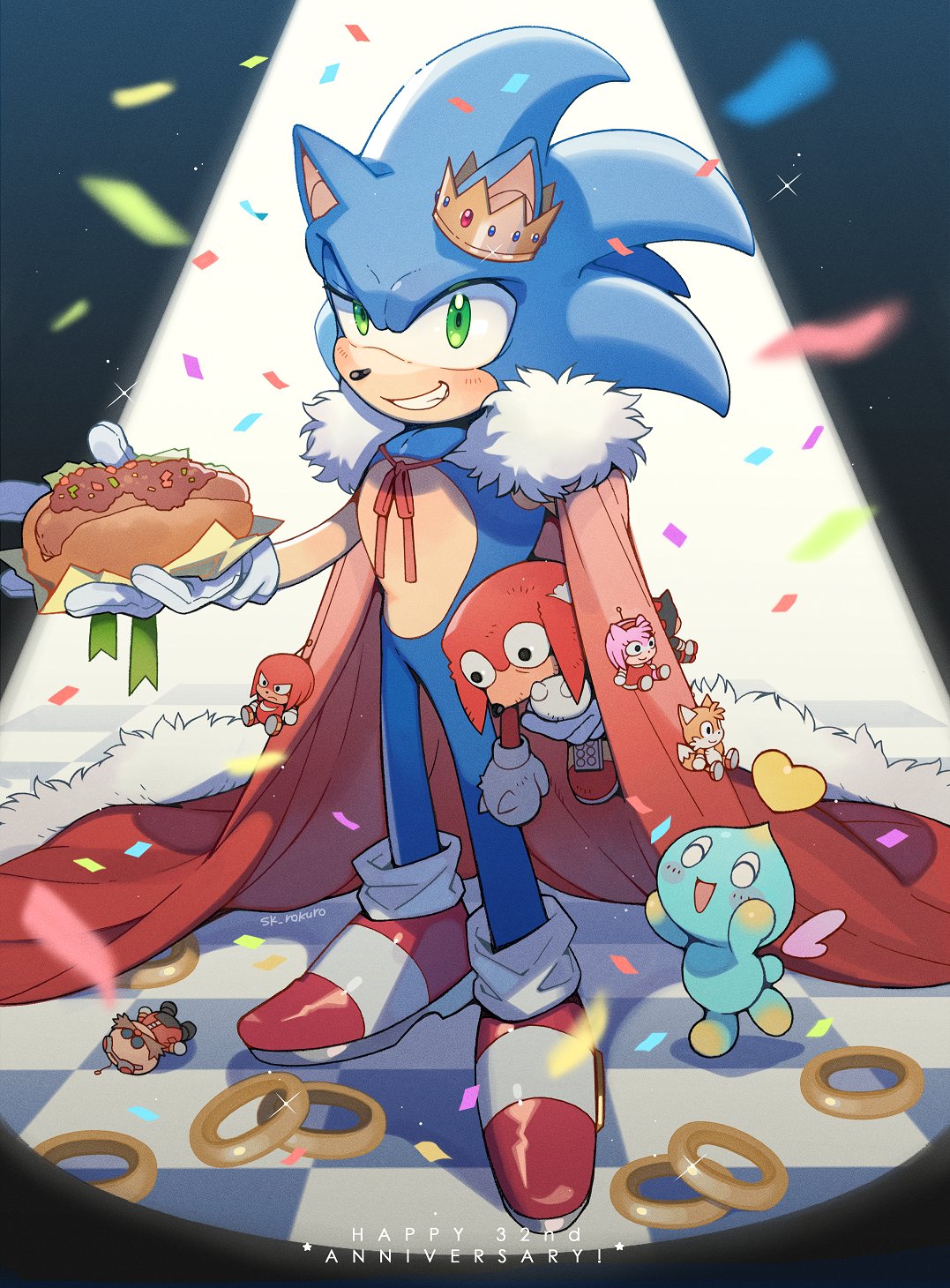 1boy 1other amy_rose blue_fur cape chao_(sonic) chili_dog confetti crown dr._eggman food fur-trimmed_cape fur_trim furry furry_male gloves green_eyes grin happy_anniversary highres holding holding_food jewelry knuckles_the_echidna looking_at_viewer male_focus red_footwear ring shadow_the_hedgehog sk_rokuro smile solo_focus sonic_(series) sonic_the_hedgehog spotlight standing tails_(sonic) white_gloves