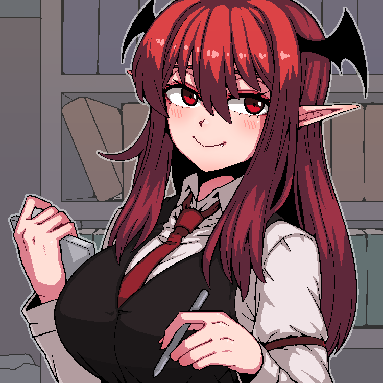 1girl black_wings blush bookshelf closed_mouth collared_shirt fang formicid hair_between_eyes head_wings holding holding_pen koakuma long_hair long_sleeves necktie pen pointy_ears red_eyes red_necktie redhead shirt sleeve_garter smile solo touhou upper_body white_shirt wings