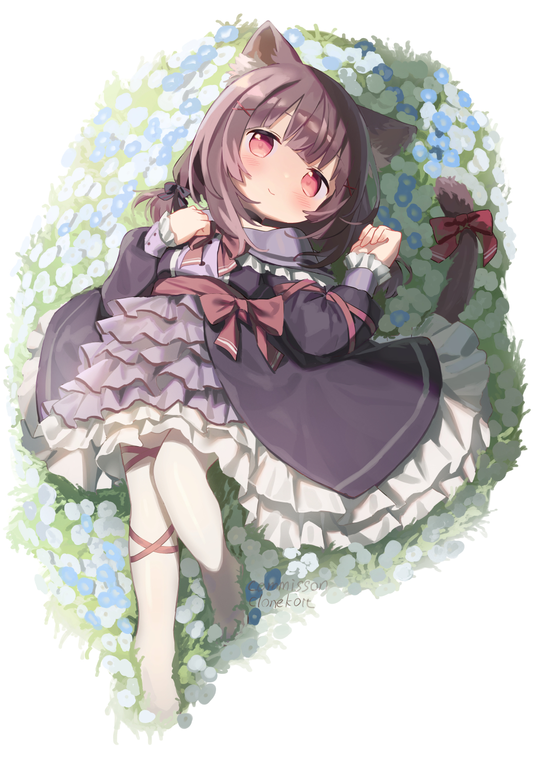 1girl animal_ear_fluff animal_ears black_dress blush bow brown_eyes brown_hair cat_ears cat_girl cat_tail cloneko_(zelmeledf2) commentary_request commission dress fallenshadow flower hair_bow hair_ornament hairclip highres indie_virtual_youtuber leg_ribbon lying no_shoes on_back outdoors pantyhose ribbon short_hair skeb_commission smile solo tail tail_ornament tail_ribbon twintails virtual_youtuber white_pantyhose x_hair_ornament