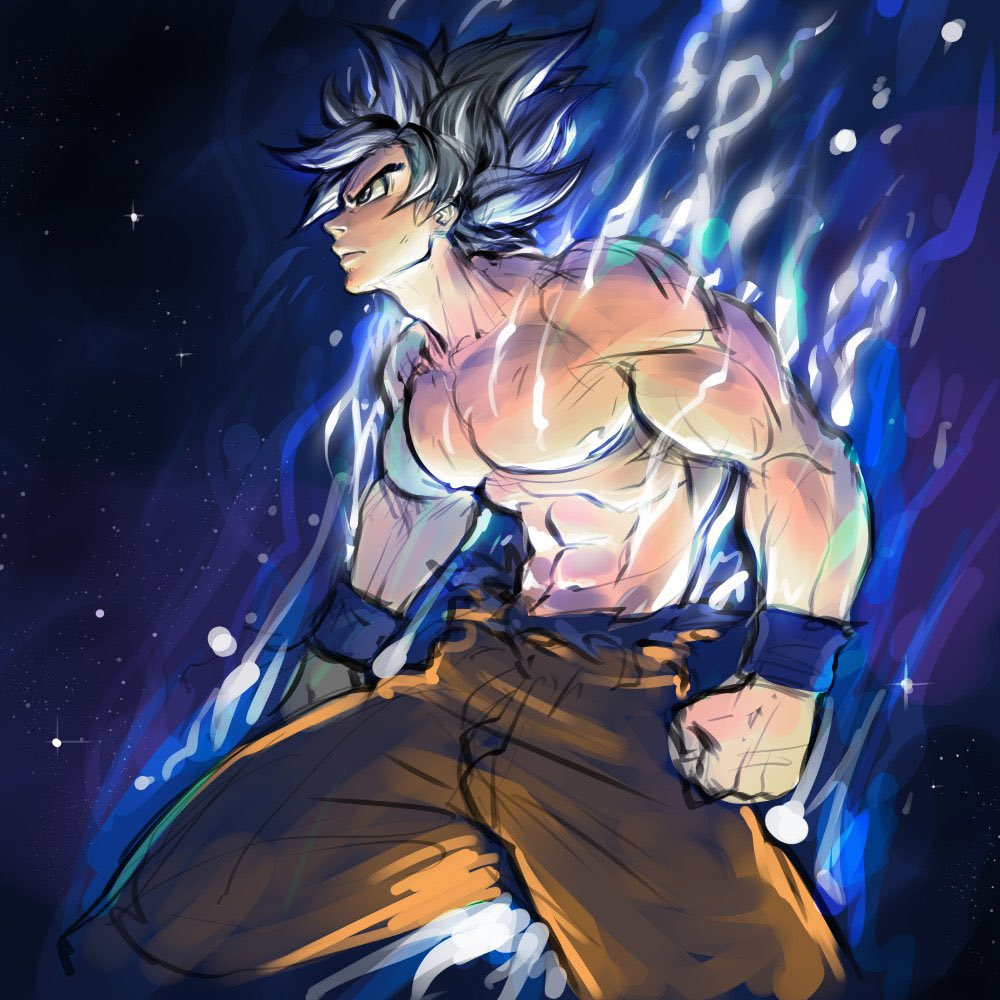 color colored dragon_ball dragon_ball_super fit_male grey_hair louten male muscular muscular_male pecs pectorals shirtless sketch son_goku space