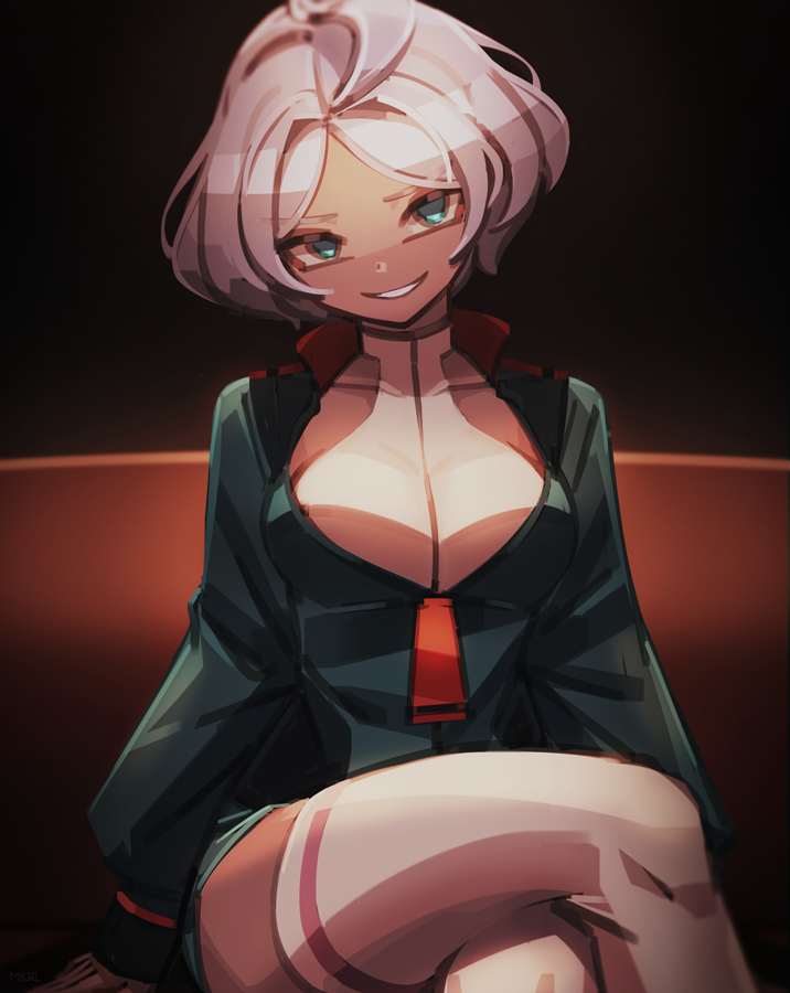 1girl ahoge aqua_eyes aqua_jacket arms_at_sides blurry breasts collarbone commentary couch crossed_legs dark_background feet_out_of_frame grin gundam gundam_suisei_no_majo hair_intakes halterneck head_tilt jacket knees leotard leotard_under_clothes long_sleeves looking_at_viewer makaroll medium_breasts no_pupils on_couch parted_lips partially_unzipped puffy_long_sleeves puffy_sleeves secelia_dote short_hair single_horizontal_stripe single_stripe sitting smile solo tan thigh-highs thighs vignetting white_hair white_leotard white_thighhighs zipper_pull_tab