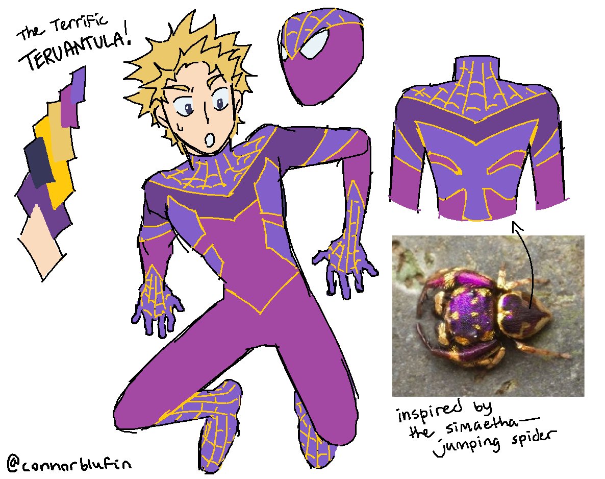 1boy blonde_hair bodysuit bug color_guide commentary connorblufin cosplay english_commentary english_text full_body hanazawa_teruki jumping_spider male_focus marvel mob_psycho_100 open_mouth photo_inset purple_bodysuit reference_inset short_hair simple_background spider spider-man spider-man_(cosplay) spider-man_(series) twitter_username white_background