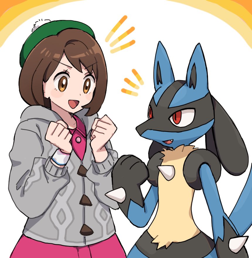 1girl :d bob_cut brown_eyes brown_hair buttons cable_knit cardigan clenched_hands collared_dress commentary_request dress dynamax_band eyelashes gloria_(pokemon) green_headwear grey_cardigan hands_up hat hooded_cardigan looking_down lucario nm222 notice_lines open_mouth pink_dress pokemon pokemon_(creature) pokemon_(game) pokemon_swsh short_hair smile tam_o'_shanter tongue