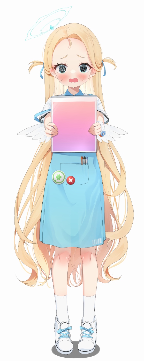 1girl @_@ apron blonde_hair blue_apron blue_archive blue_eyes blush collared_shirt forehead full_body halo hato_haru highres holding long_hair looking_at_viewer open_mouth parted_bangs pen scrunchie shirt shoes short_sleeves simple_background sneakers socks solo sora_(blue_archive) sweat sweating_profusely two_side_up very_long_hair wavy_mouth white_background white_footwear white_shirt white_socks wrist_scrunchie