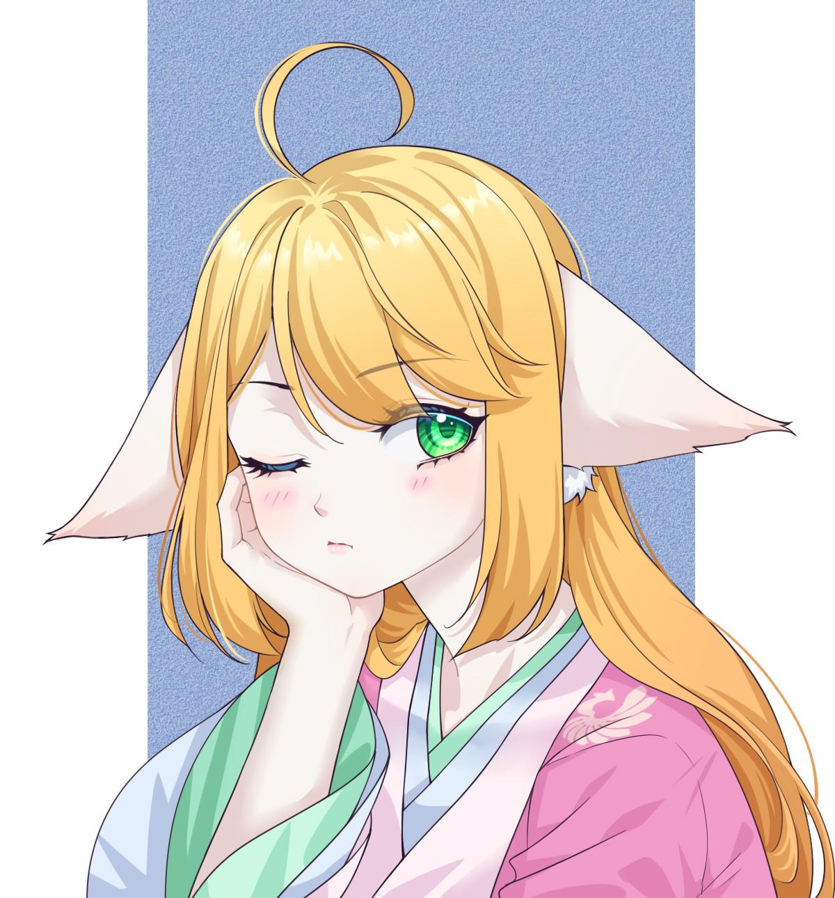 1girl ahoge animal_ears blonde_hair blue_background blush chinese_clothes closed_mouth ears_down fox_ears green_eyes hand_on_own_cheek hand_on_own_face hand_up hanfu head_rest highres huyao_xiao_hongniang kumu_zaisheng long_hair looking_to_the_side one_eye_closed pink_shirt shirt solo tushan_honghong two-tone_background upper_body white_background wide_sleeves