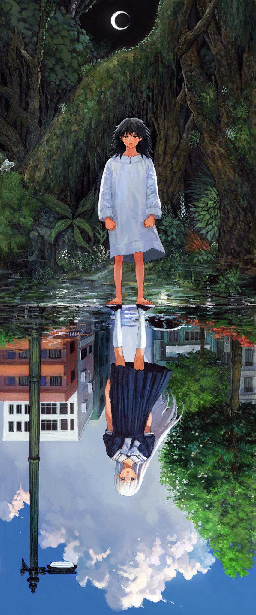 2girls arms_at_sides barefoot black_footwear black_hair blue_dress blue_sky blunt_bangs building city clouds contrast crescent_moon day day_and_night different_reflection dress floating_hair forest highres jungle kneehighs korean_commentary lamppost loafers long_hair long_sleeves looking_at_viewer medium_hair messy_hair moon moss multiple_girls n0ma nature night night_sky original outdoors pleated_dress puddle reflection robe sailor_dress shoes short_sleeves sky socks standing straight-on straight_hair traditional_media tree upside-down very_long_hair white_dress white_robe white_socks