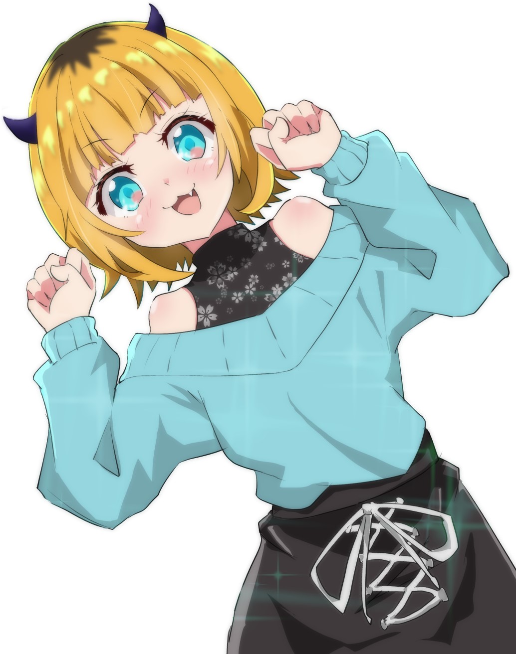 1girl :3 bare_shoulders black_skirt blonde_hair blue_eyes blue_sweater blunt_bangs blush charumi_m commentary_request cowboy_shot demon_horns fake_horns fang hands_up highres horns long_sleeves looking_at_viewer memcho off-shoulder_sweater off_shoulder open_mouth oshi_no_ko partial_commentary puffy_sleeves ribbon short_hair simple_background skirt solo sparkle sweater white_background white_ribbon