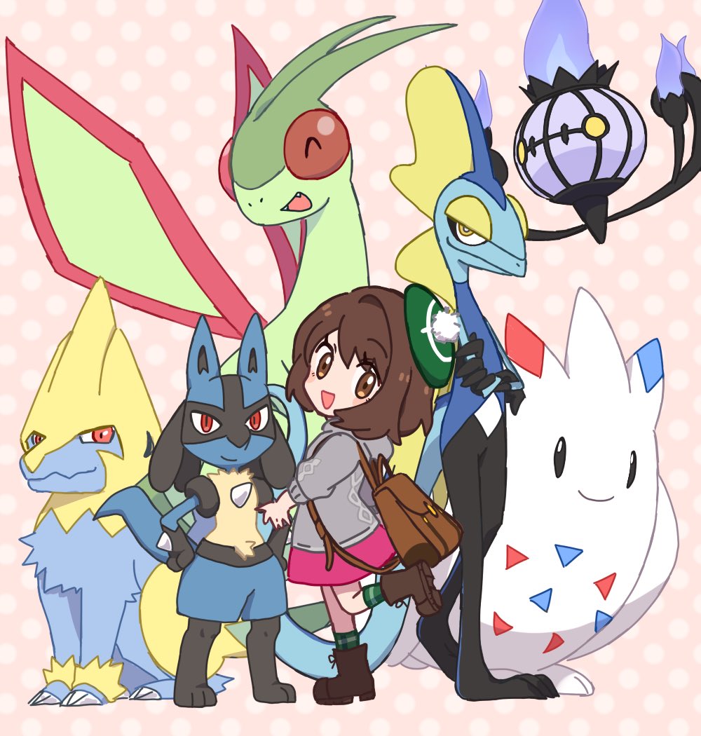 1girl :d backpack bag boots brown_bag brown_eyes brown_footwear brown_hair cable_knit cardigan chandelure chibi commentary dress flygon gloria_(pokemon) green_headwear green_socks grey_cardigan hat hooded_cardigan inteleon leg_up lucario manectric nm222 open_mouth pink_background pink_dress plaid_socks pokemon pokemon_(creature) pokemon_(game) pokemon_swsh polka_dot polka_dot_background smile socks standing standing_on_one_leg tam_o'_shanter togekiss