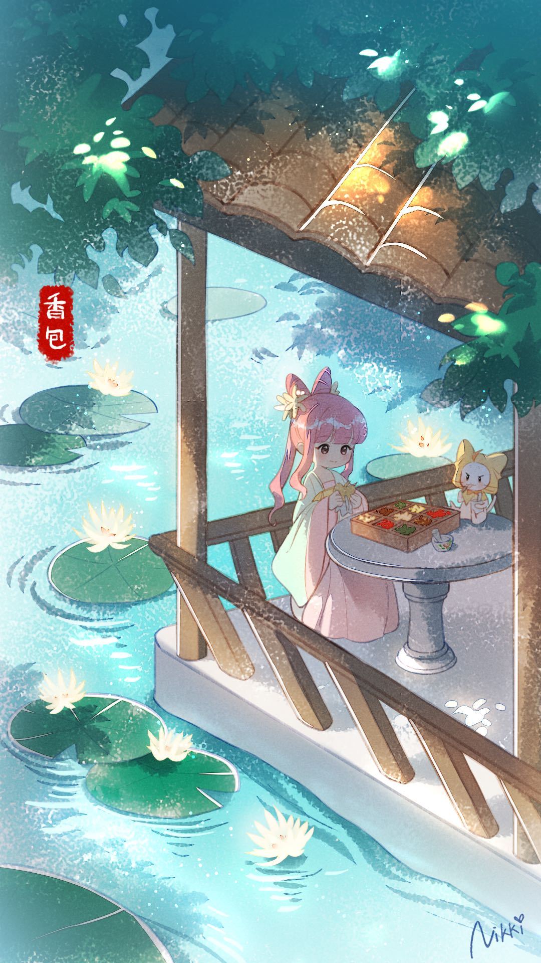 1girl blush brown_eyes cat china_dress chinese_clothes chinese_commentary commentary_request copyright_name dress flower hair_flower hair_ornament highres holding long_hair momo_(miracle_nikki) nikki_(miracle_nikki) official_art pink_hair plant pool reflection reflective_water ripples shaded_face shadow shining_nikki signature sitting sitting_on_table water yellow_cloak