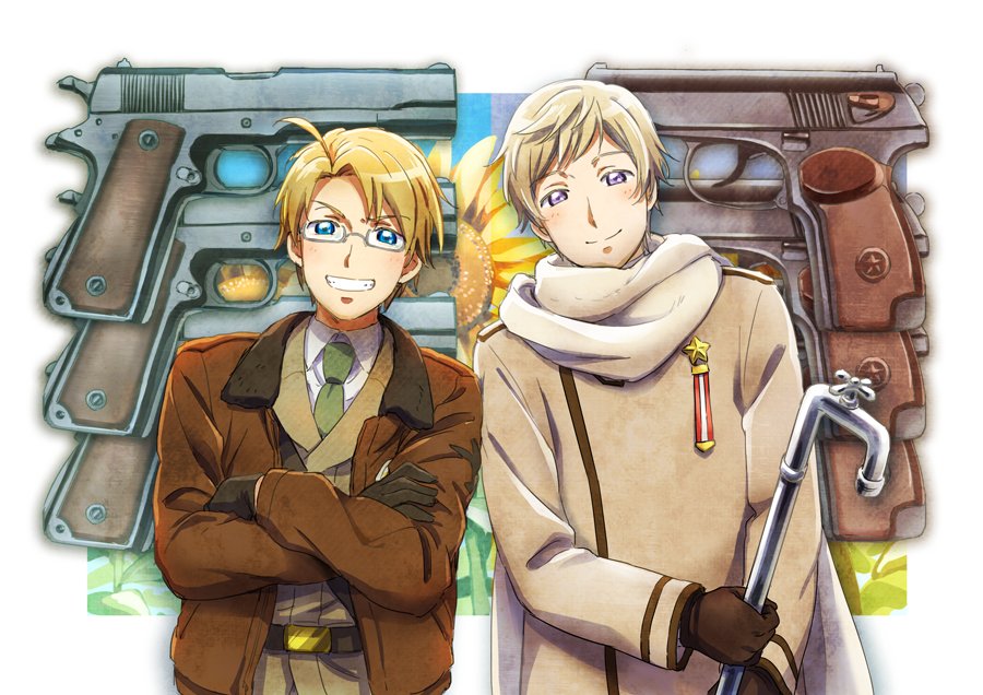 2boys ahoge america_(hetalia) axis_powers_hetalia blonde_hair blue_eyes brown_gloves brown_jacket collared_shirt commentary_request crossed_arms eduroku faucet flower gloves green_necktie grey_hair grin gun handgun holding holding_weapon jacket leaning_on_person leaning_to_the_side long_sleeves male_focus military_uniform multiple_boys necktie parted_bangs russia_(hetalia) scarf shirt short_hair side-by-side smile star_(symbol) sunflower swept_bangs uniform upper_body violet_eyes weapon white_shirt