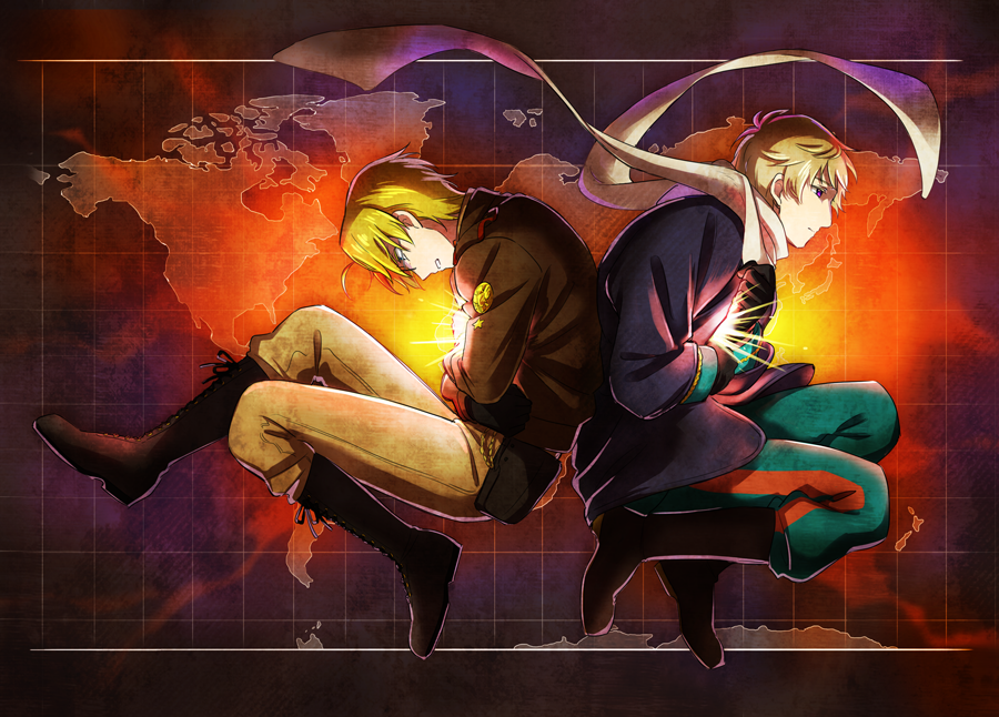 2boys america_(hetalia) axis_powers_hetalia back-to-back belt_pouch black_footwear black_gloves blonde_hair boots brown_jacket eduroku floating floating_scarf from_side full_body gloves glowing green_pants hands_on_own_chest jacket knee_boots long_sleeves looking_ahead looking_down male_focus map map_background multiple_boys pants pouch profile russia_(hetalia) short_hair